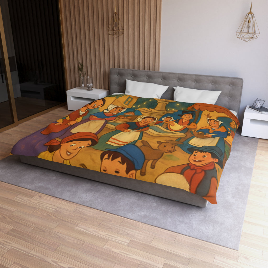 Housse de couette pour enfants avec scène villageoise festive et animaux mignons joyeux