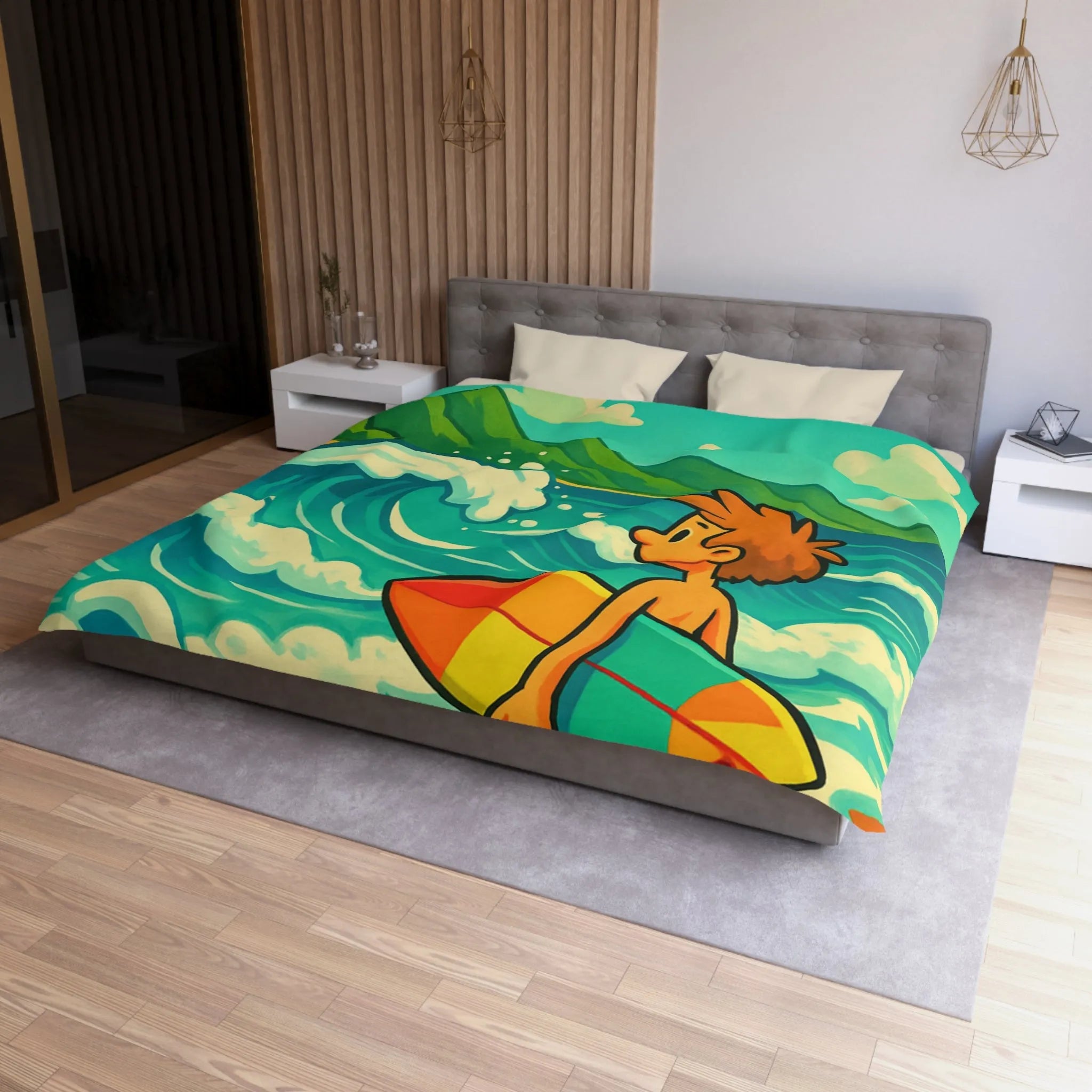 Housse de couette avec dessin coloré de plage pour enfants et surfeur