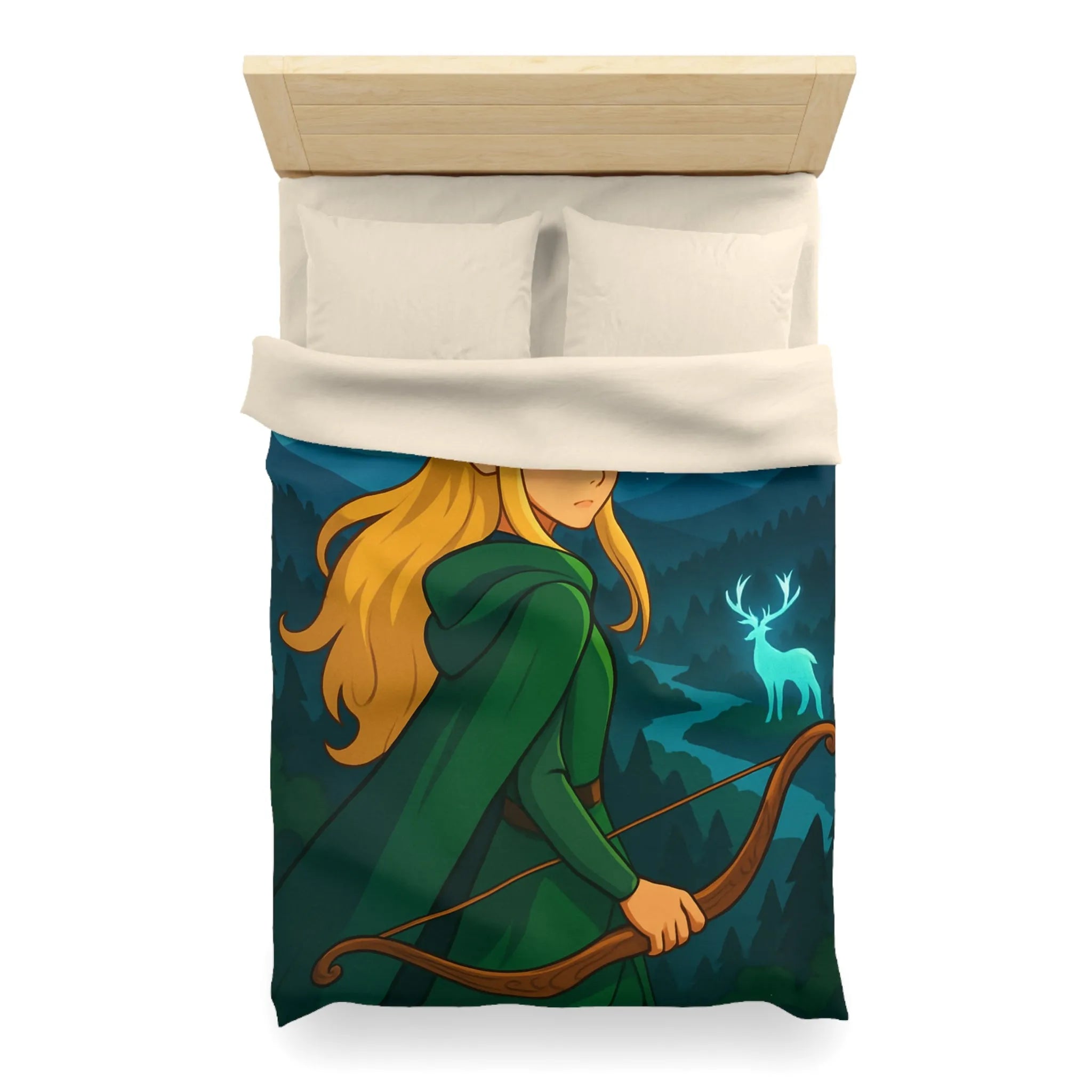 Housse de couette avec elfe archère, cerf lumineux, forêt montagneuse et ciel étoilé