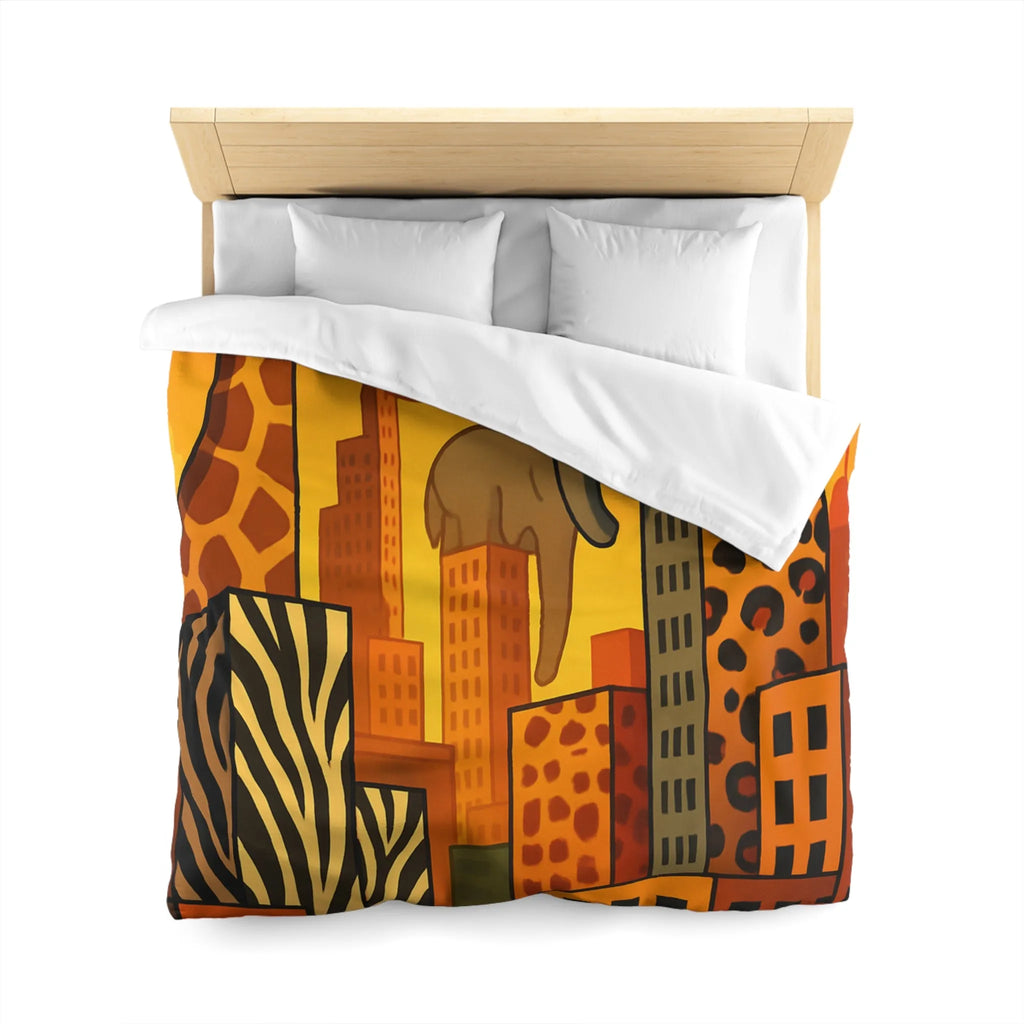 Housse de couette jungle urbaine : gratte-ciel animaux dans tons chauds, motif sauvage