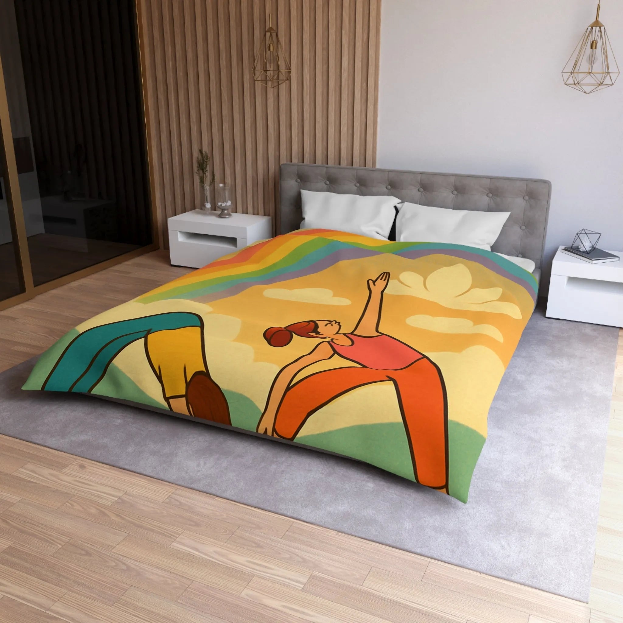 Housse De Couette Enfant Avec Arc-en-Ciel Coloré Et Personnages Pratiquant Le Yoga Énergique