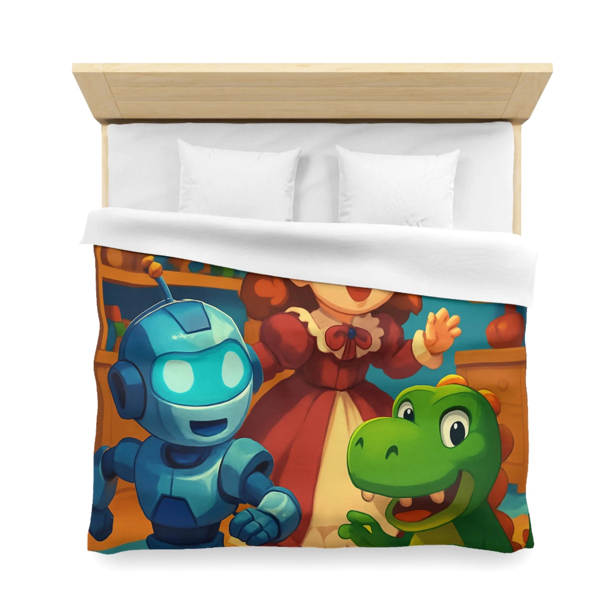 Housse de couette colorée avec robot, dinosaure et poupée en chambre enfantine
