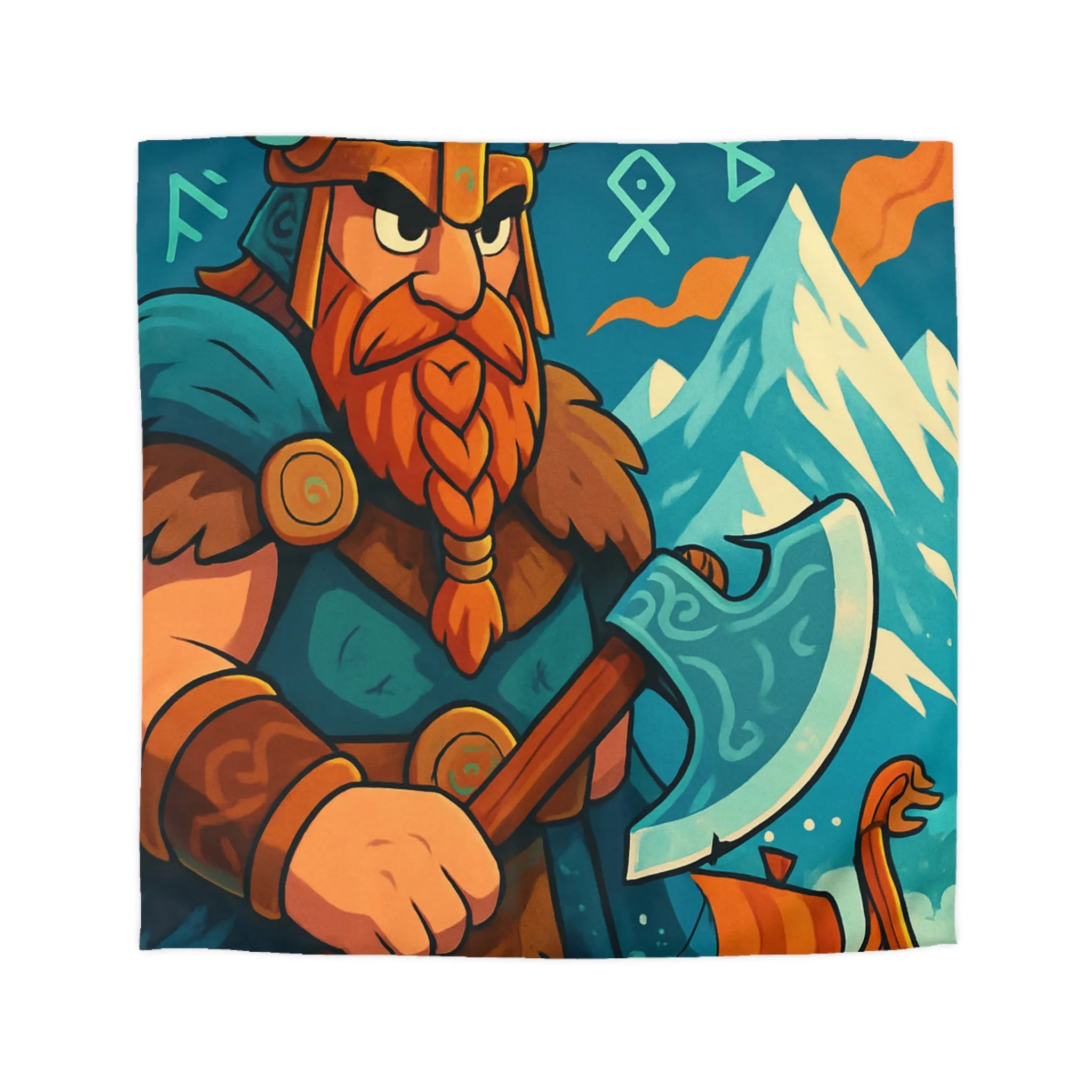 Housse de couette avec Viking, hache nordique, montagnes enneigées et runes anciennes