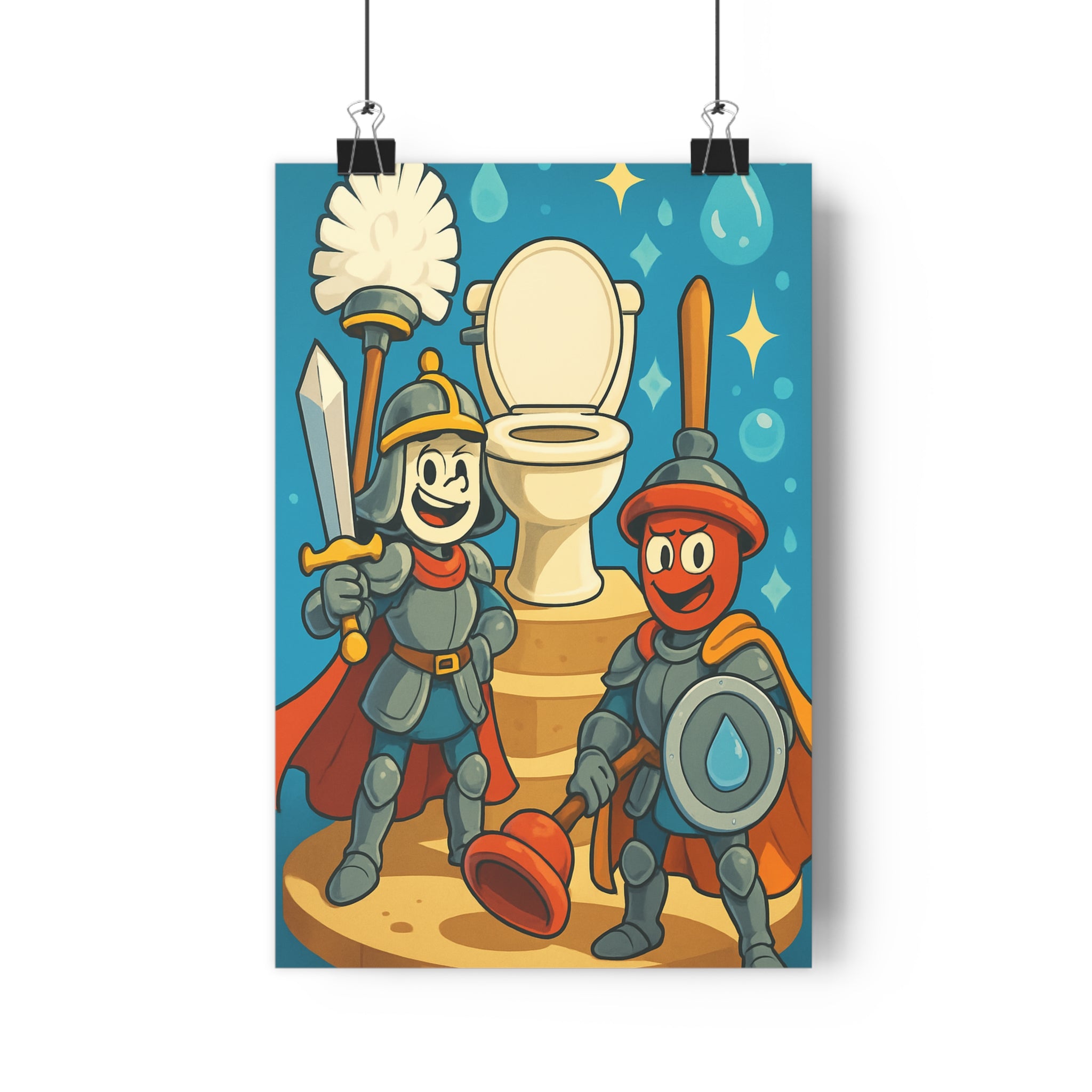 Poster décoratif cartoon chevaliers bleu étoilé humoristique toilettes enfant ludique amusant médiéval original vibrant