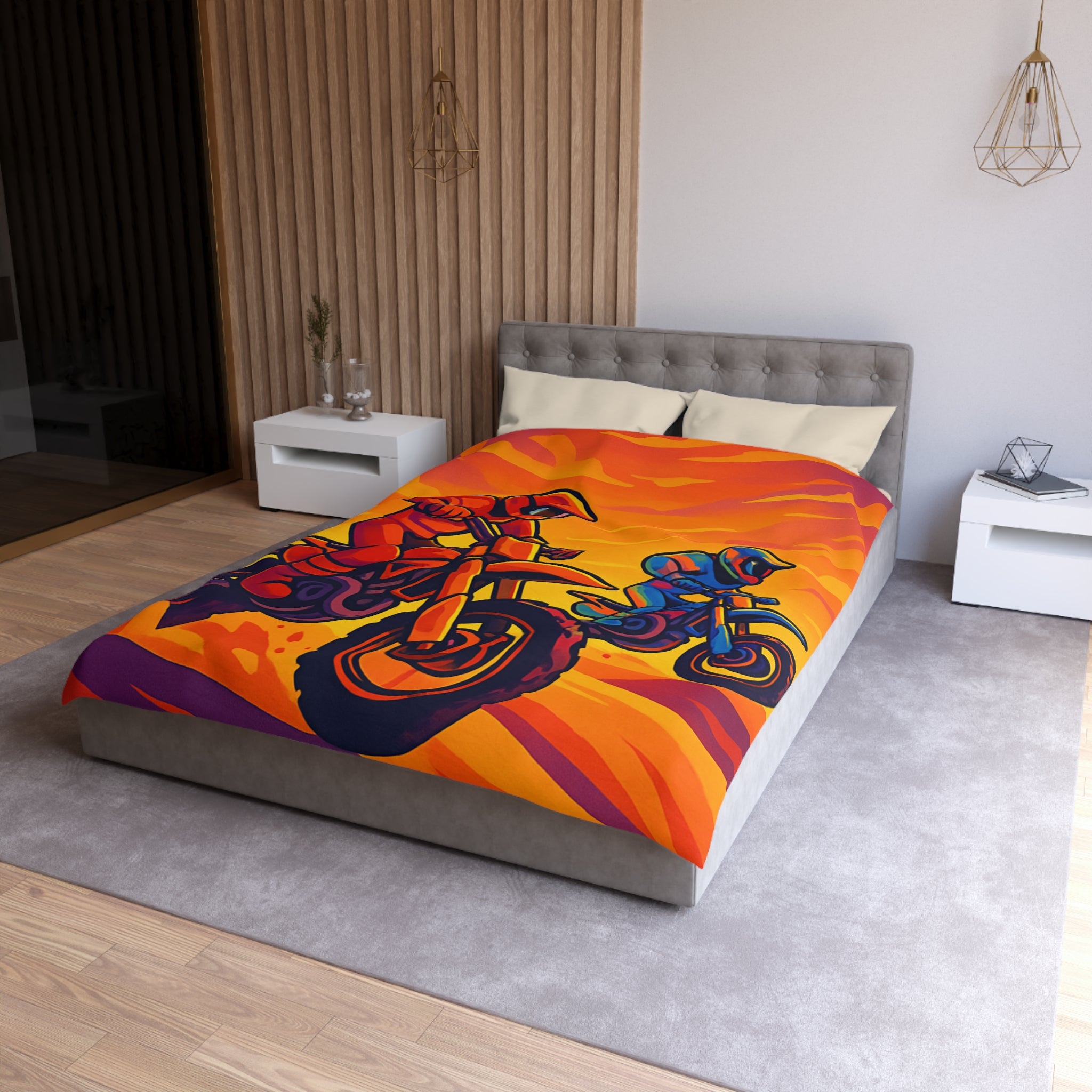 Housse de couette moto aventure: dynamique, couleurs vives, coucher de soleil dramatique