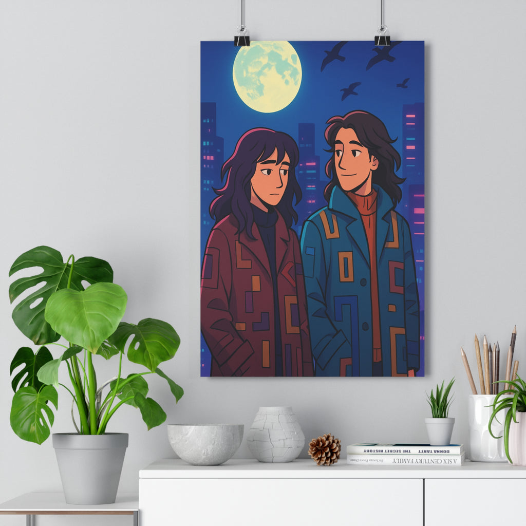 Poster décoratif dessin animé géométrique mystérieux urbain lumineux nocturne chambre salon moderne vibrant personnages