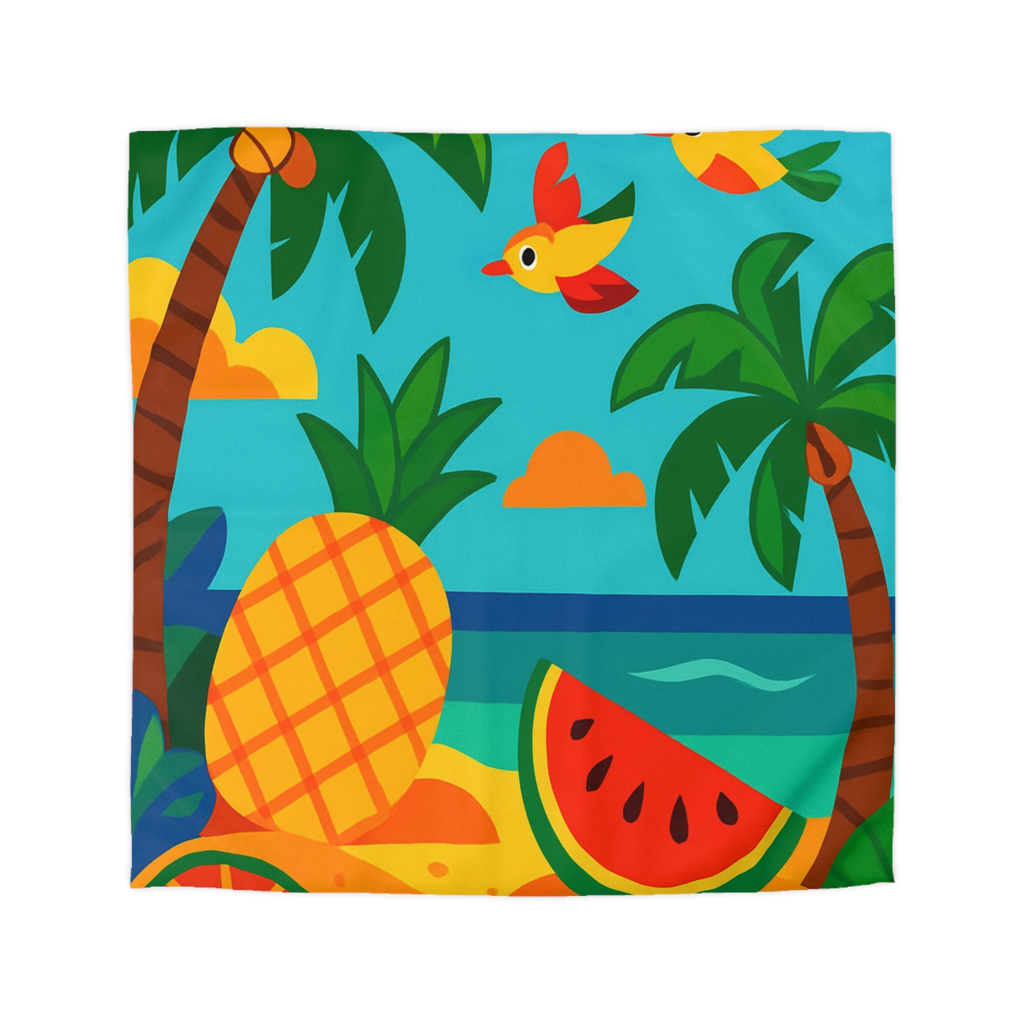Housse de couette tropicale colorée avec fruits exotiques et oiseaux vibrants sur la plage