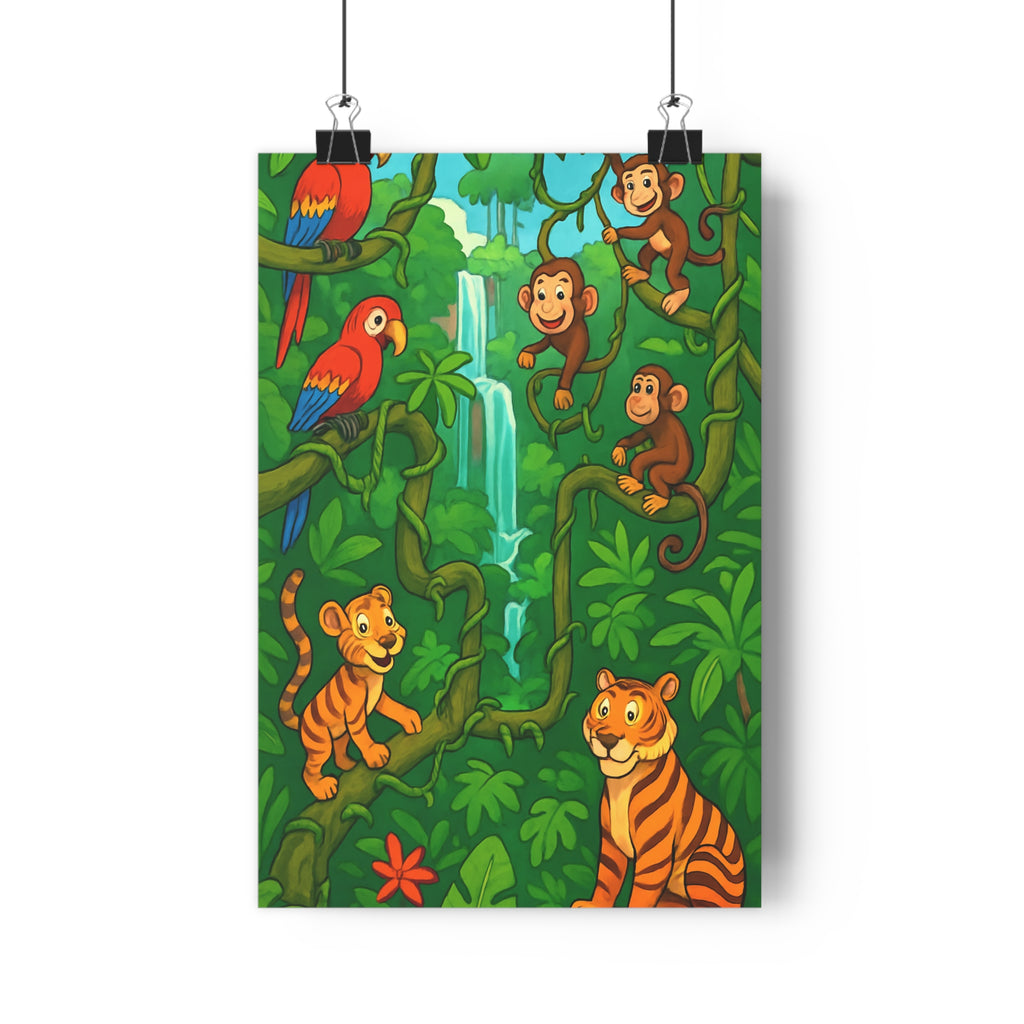 Poster décoratif jungle alphabétique vert rouge cartoon enfant joyeux nature chambre éducatif amusant vibrant