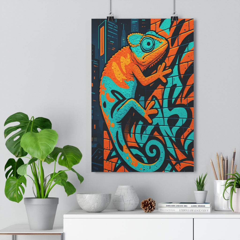 Poster décoratif caméléon turquoise orange cartoon urbain dynamique salon bureau art mural contemporain qualité