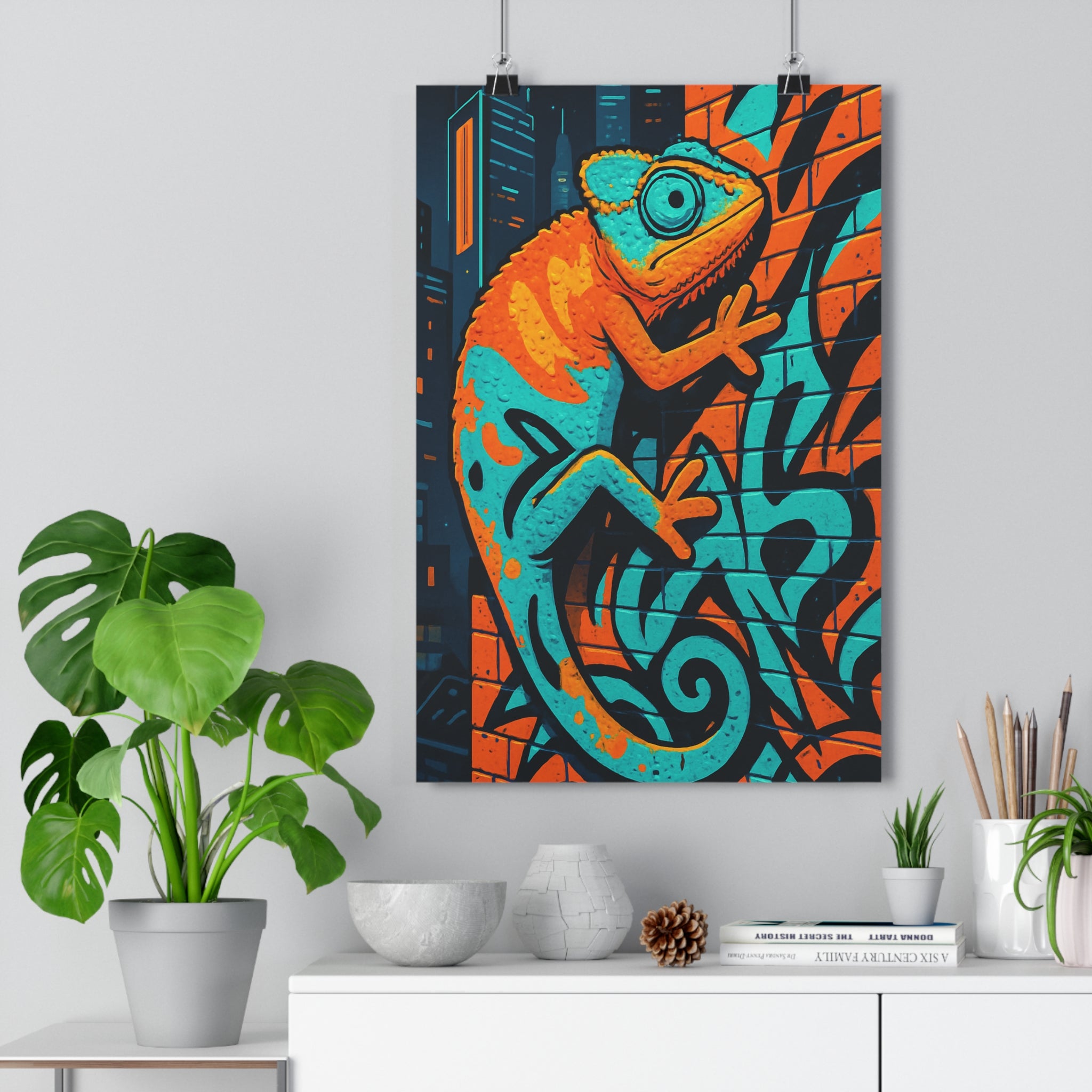Poster décoratif caméléon turquoise orange cartoon urbain dynamique salon bureau art mural contemporain qualité