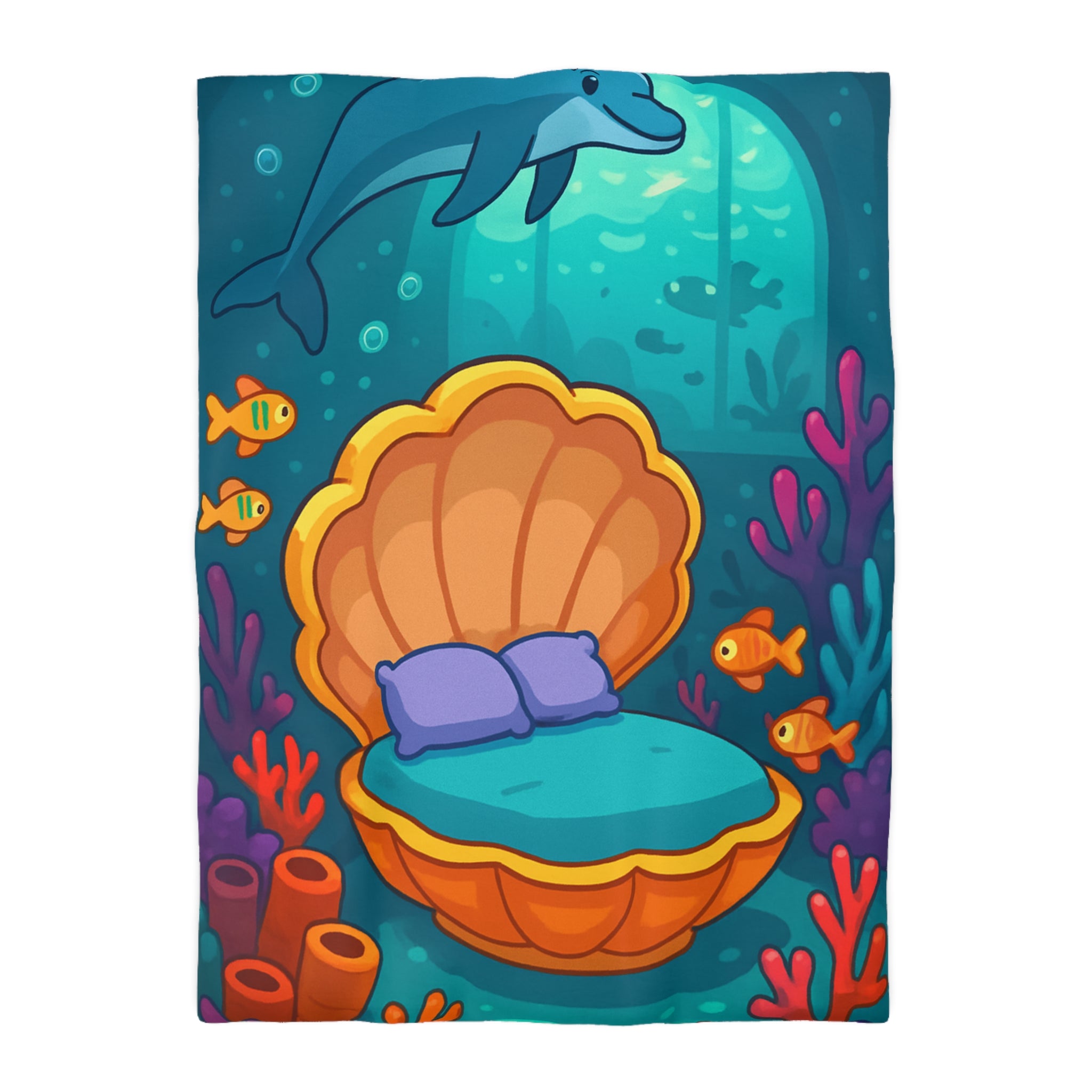 Housse de couette thème sous-marin avec dauphin, coquillage et barrières de corail colorées