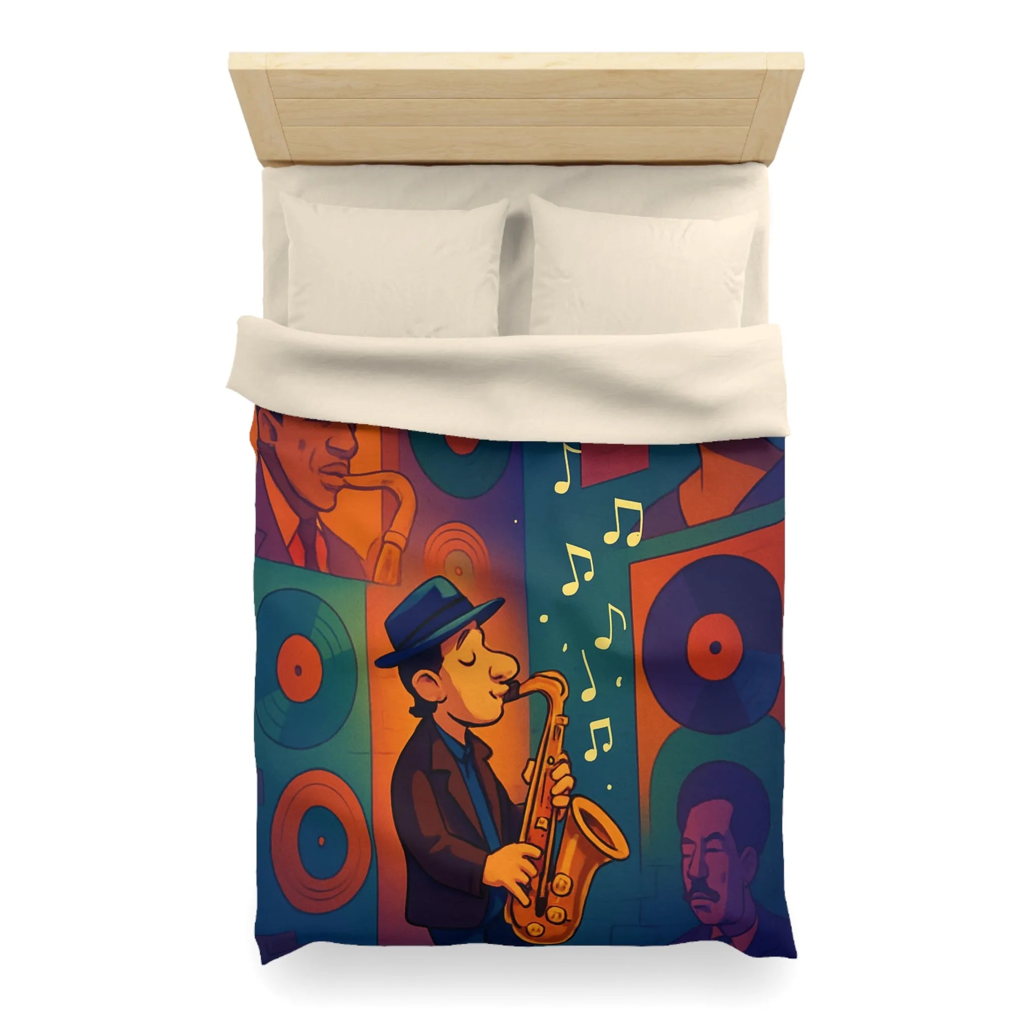 Housse de couette jazz vintage avec saxophoniste et portraits emblématiques en couleurs vibrantes
