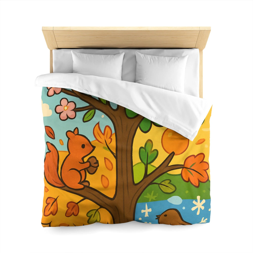 Housse de couette illustrée de l'arbre des quatre saisons avec nature et faune