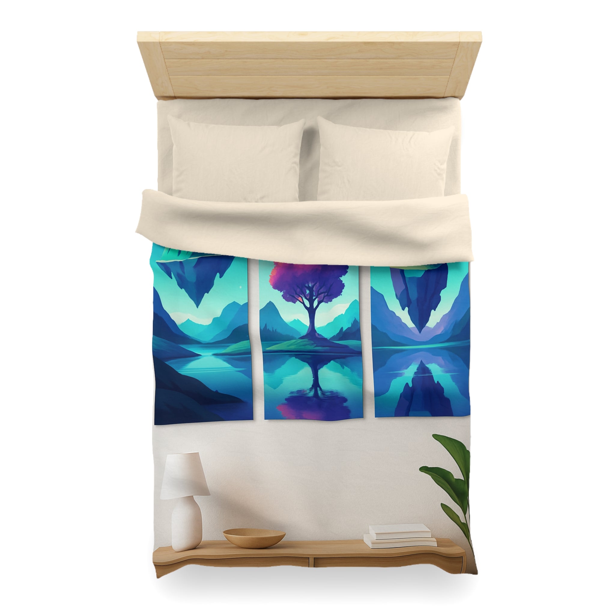 Housse de couette paysage flottant magique avec montagnes surréalistes et arbres colorés