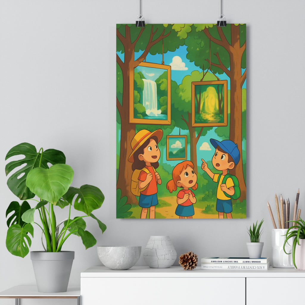 Poster décoratif anime forêt lumineux joyeux enfants tableau cascade chemin couleurs vives chambre 30x46