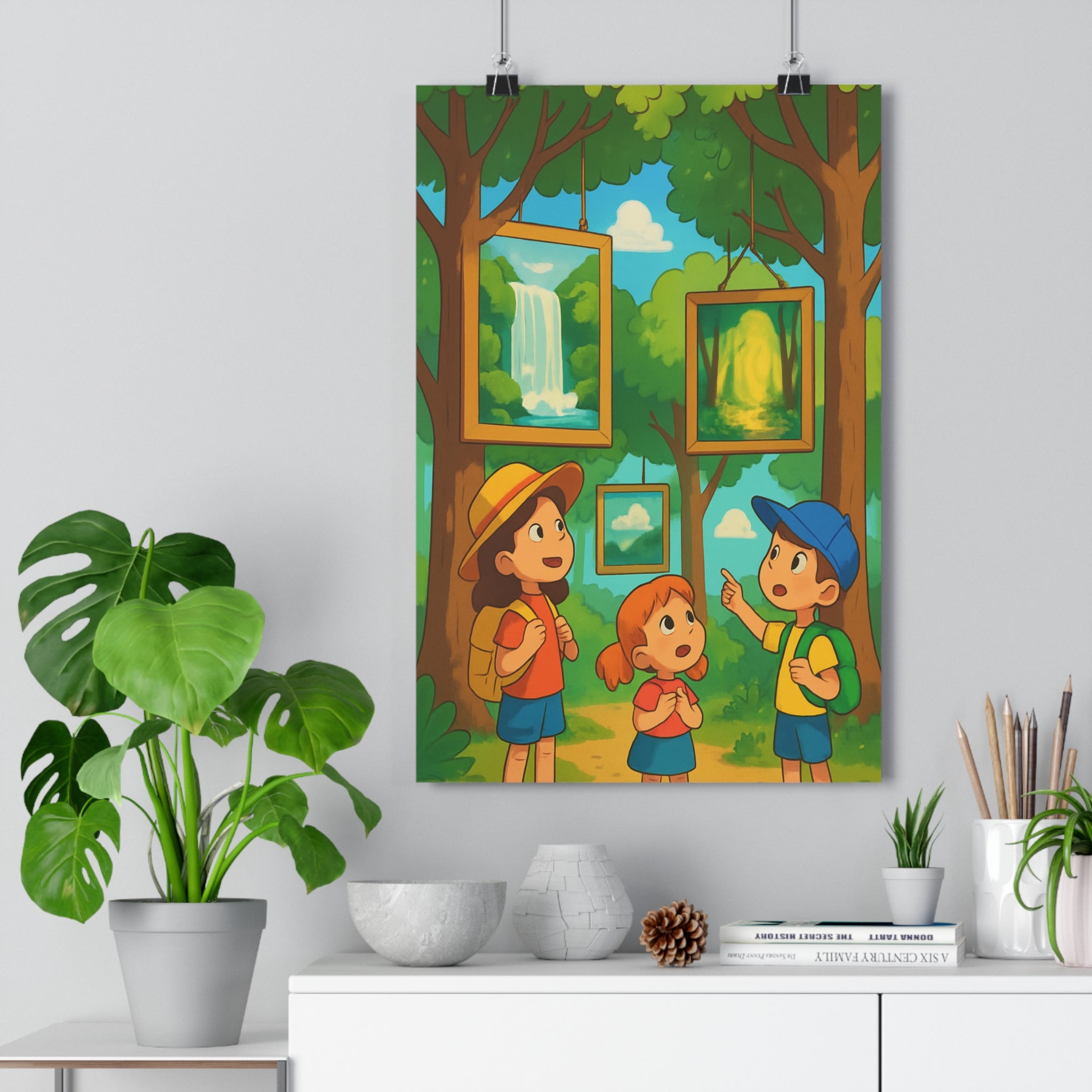 Poster décoratif anime forêt lumineux joyeux enfants tableau cascade chemin couleurs vives chambre 30x46