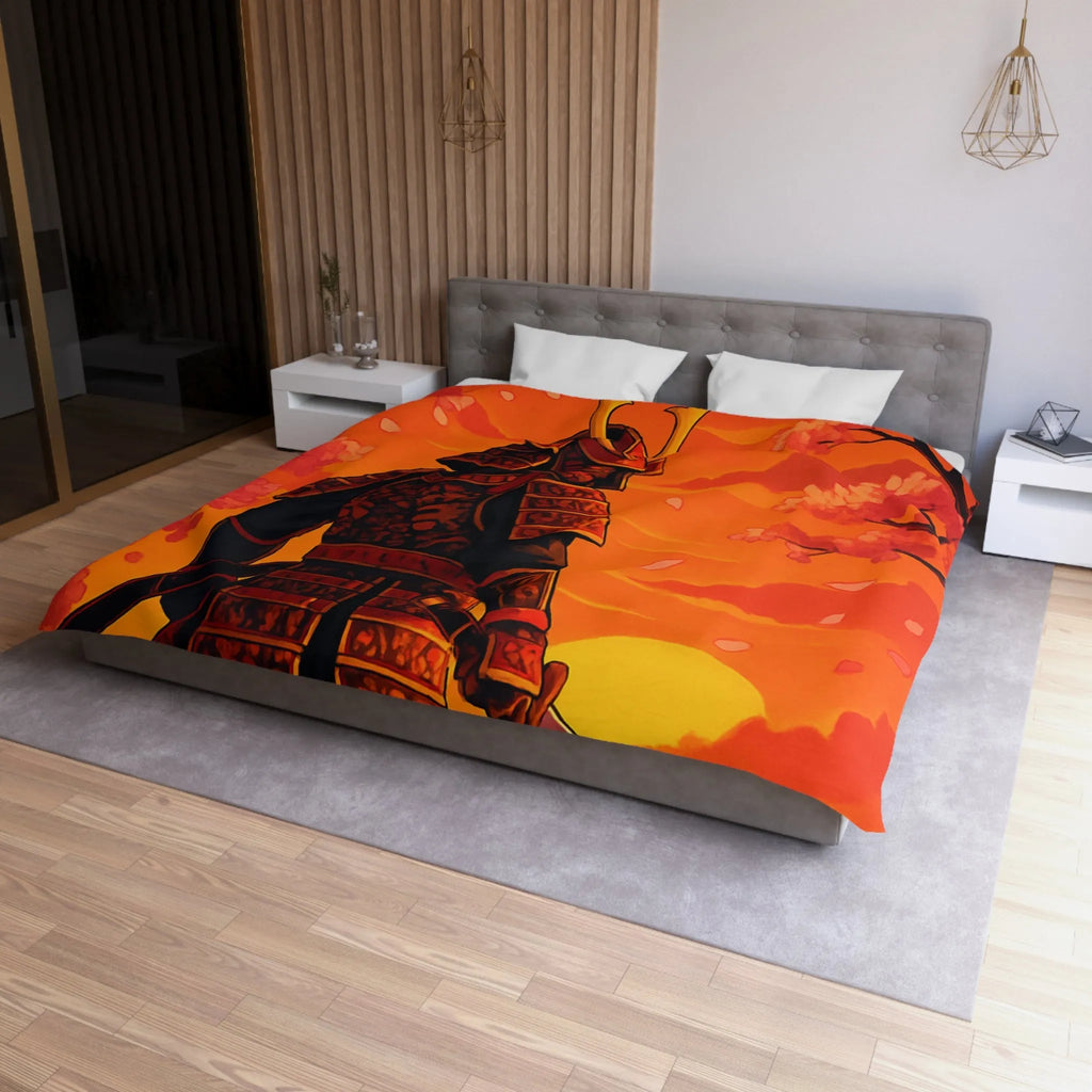 Housse de couette avec motif samouraï au coucher du soleil, arbres et fleurs roses