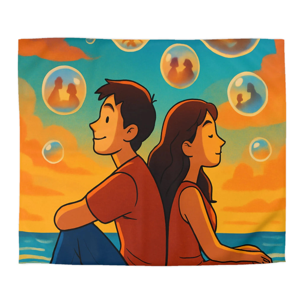 Housse de couette colorée avec illustration de bulles rêveuses au coucher de soleil