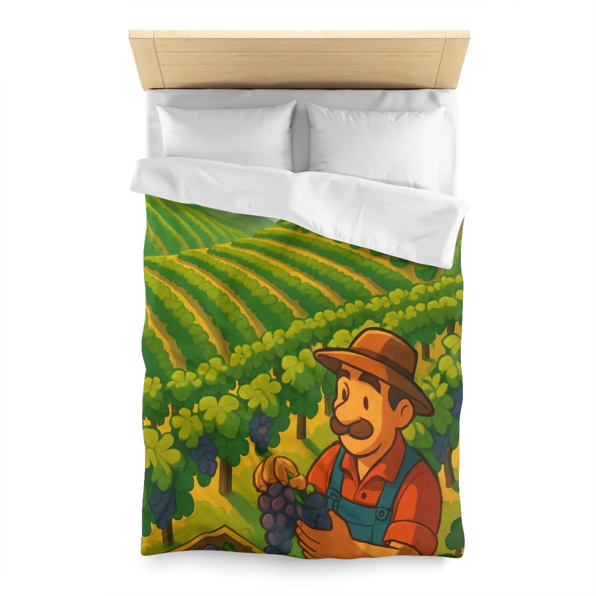 Housse de couette illustration de vendangeur dans un vignoble éclairé par soleil radieux