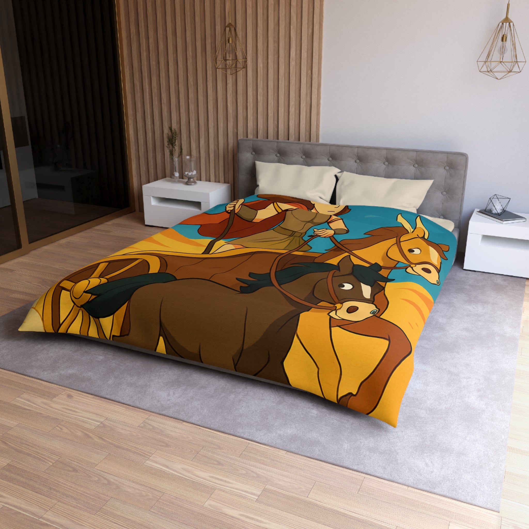 Housse de couette représentant guerrière en char avec chevaux marron dans désert animé