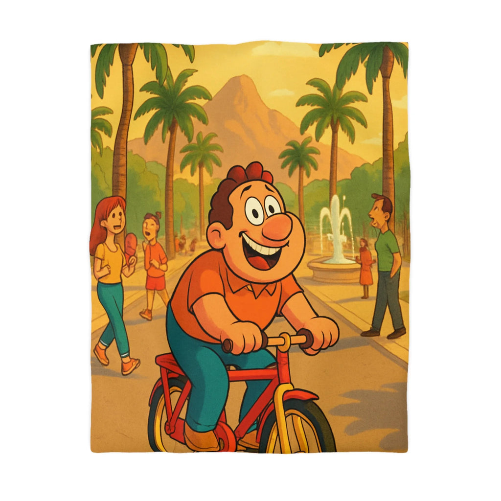 Housse de Couette Cartoon Joyeuse avec Cycliste dans un Parc Tropical et Fontaine