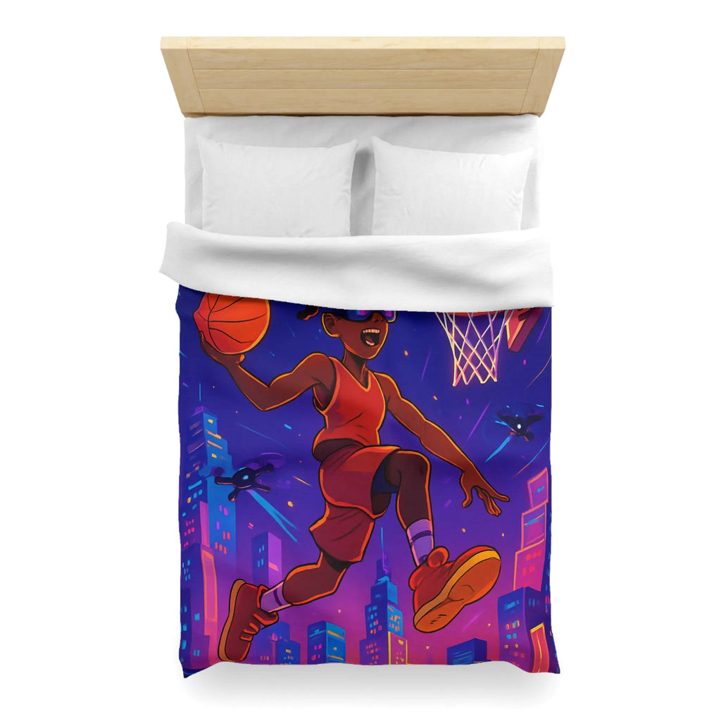 Housse de couette colorée avec joueur de basket futuriste volant avec drones cabine urbaine