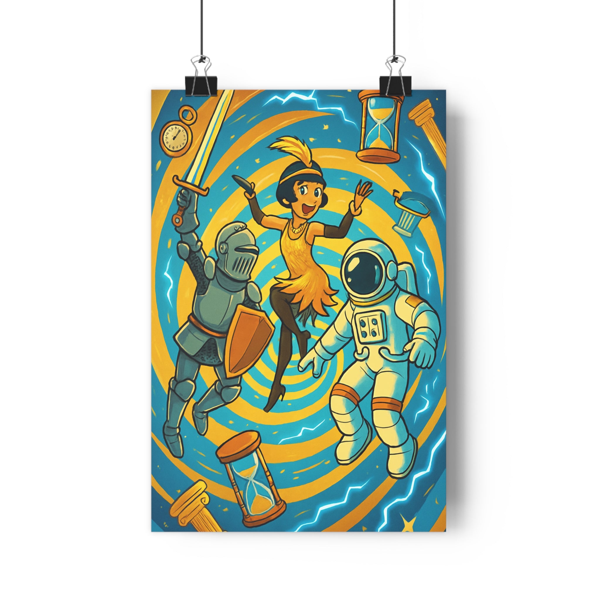 Poster décoratif cartoon bleu orange aventure historique chambre salon dynamique coloré chevalier danseuse astronaute