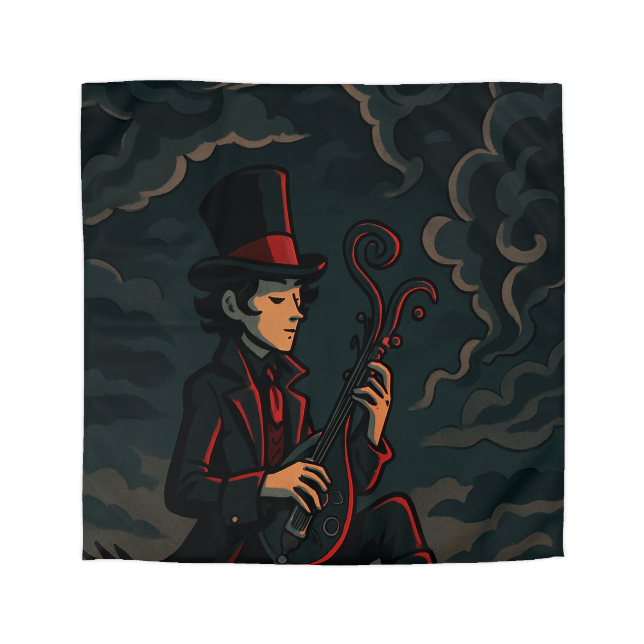 Mystérieuse silhouette avec chapeau haut-de-forme jouant d'un luth sous ciel orageux nocturne