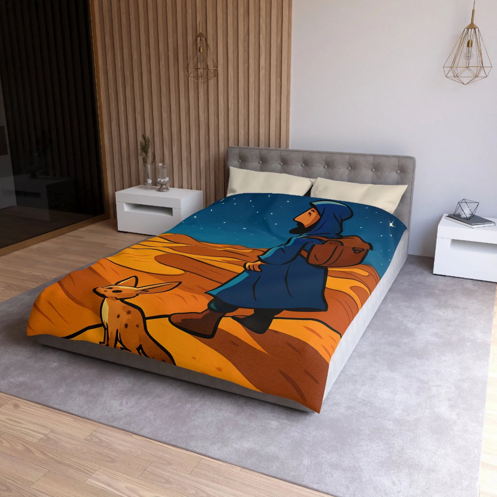 Housse de Couette Désert Nocturne Nomade Bleu Étoilé et Renard des Sables Enchanté