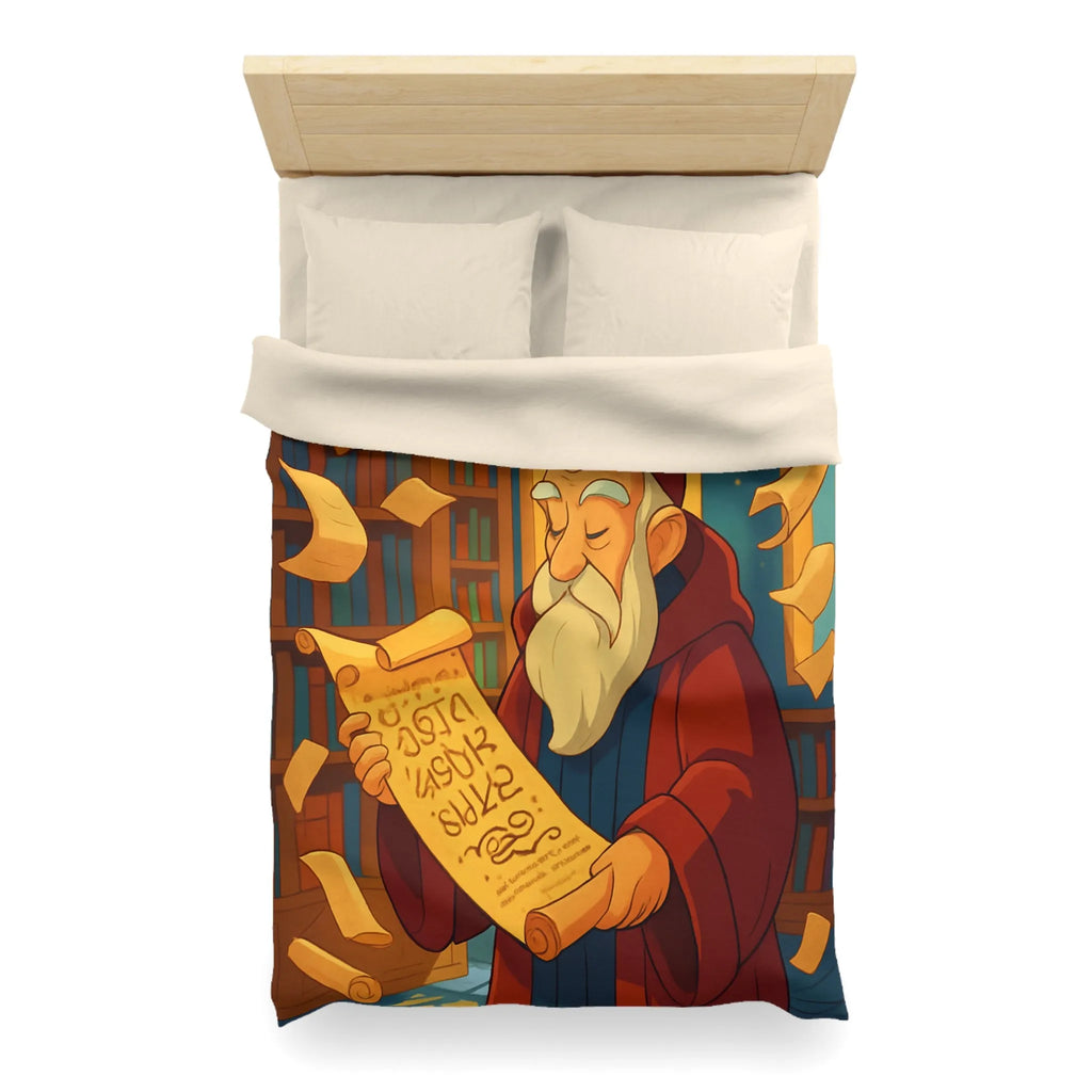 Housse de couette élégante avec design de bibliothèque, parchemins et sage en robe rouge