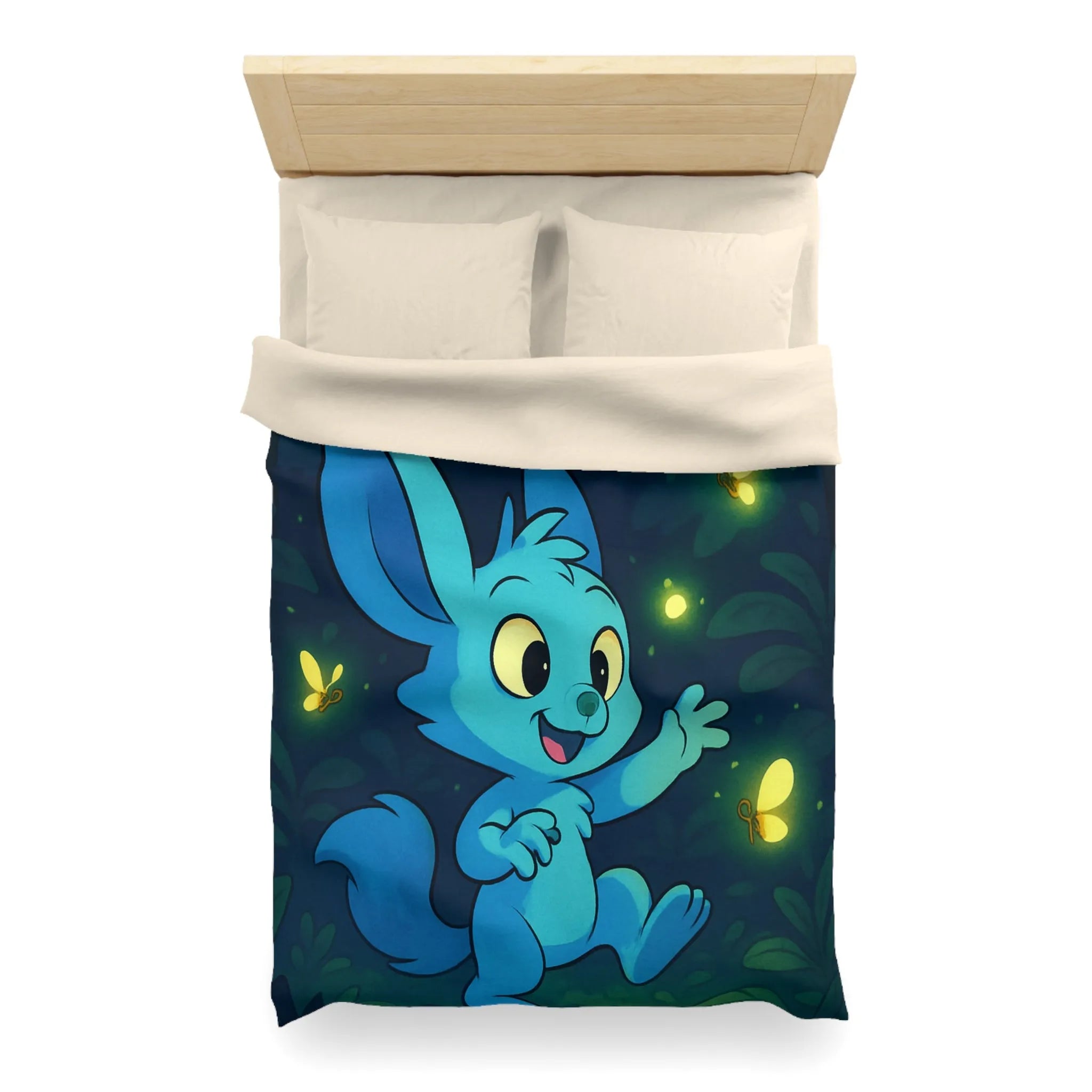 Housse de couette enfantine décorée avec lapin bleu et lucioles sous lune brillante