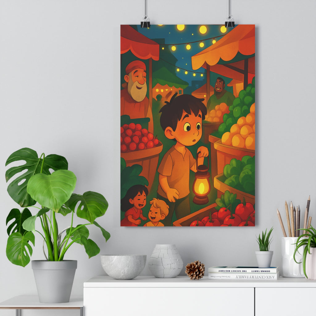 Poster décoratif dessin animé vibrant enfant garçon lanterne couleurs chaudes marché nocturne ambiance joyeuse