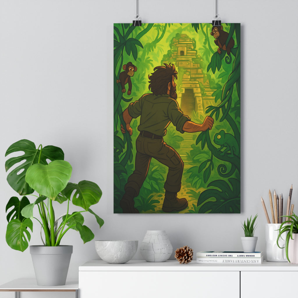 Poster décoratif jungle vibrant vert cartoon aventure explorateur enfant singes pyramide nature mur déco