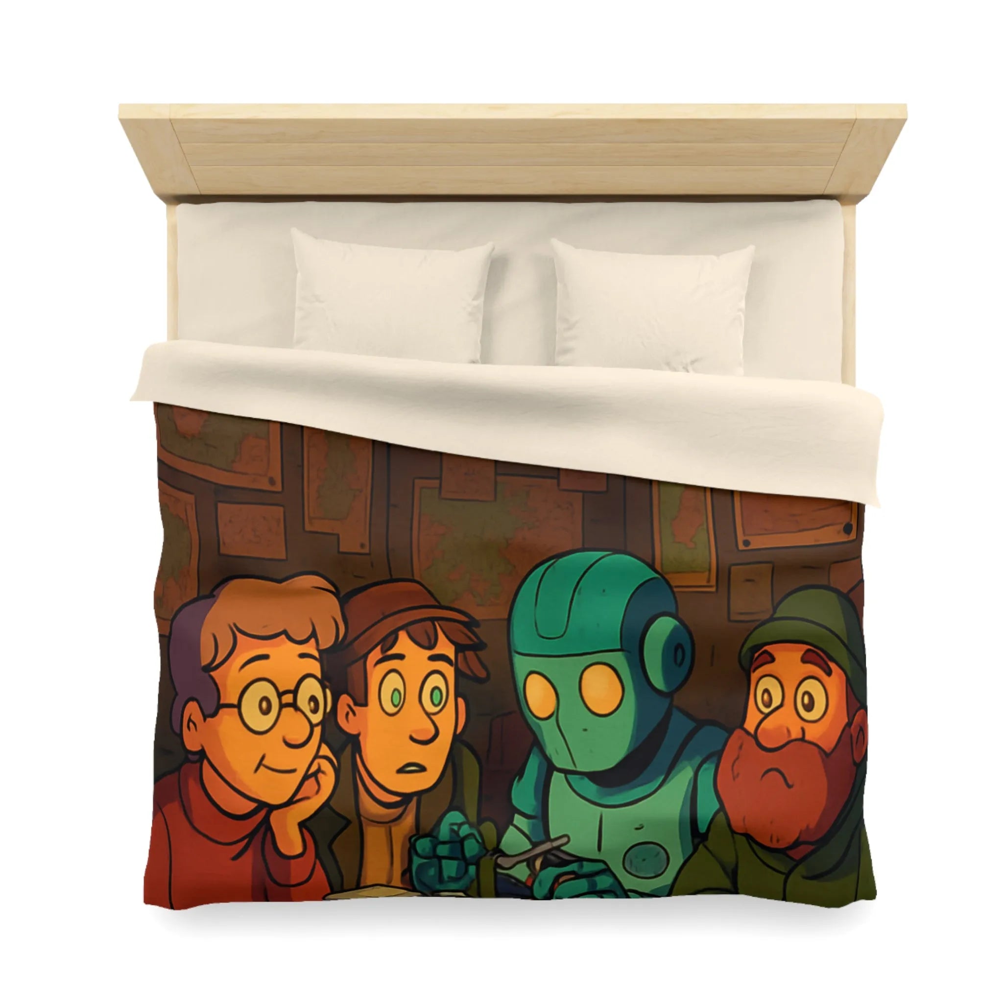 Housse de couette avec scène animée de nuit, stratégie autour de cartes et robot