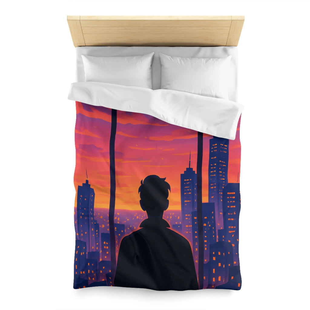 Housse de Couette Colorée avec Silhouette de Personne Devant Ville au Crépuscule