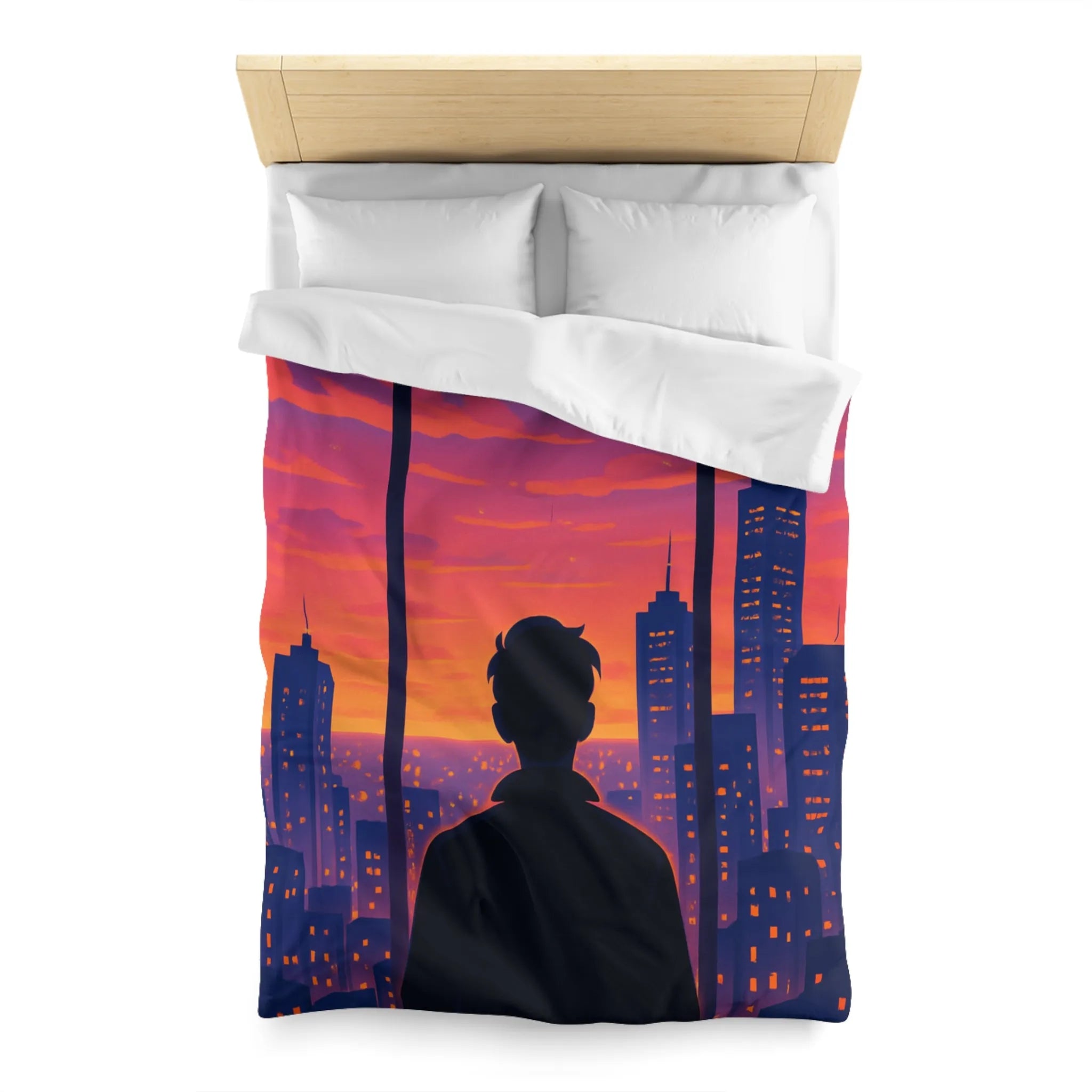 Housse de Couette Colorée avec Silhouette de Personne Devant Ville au Crépuscule