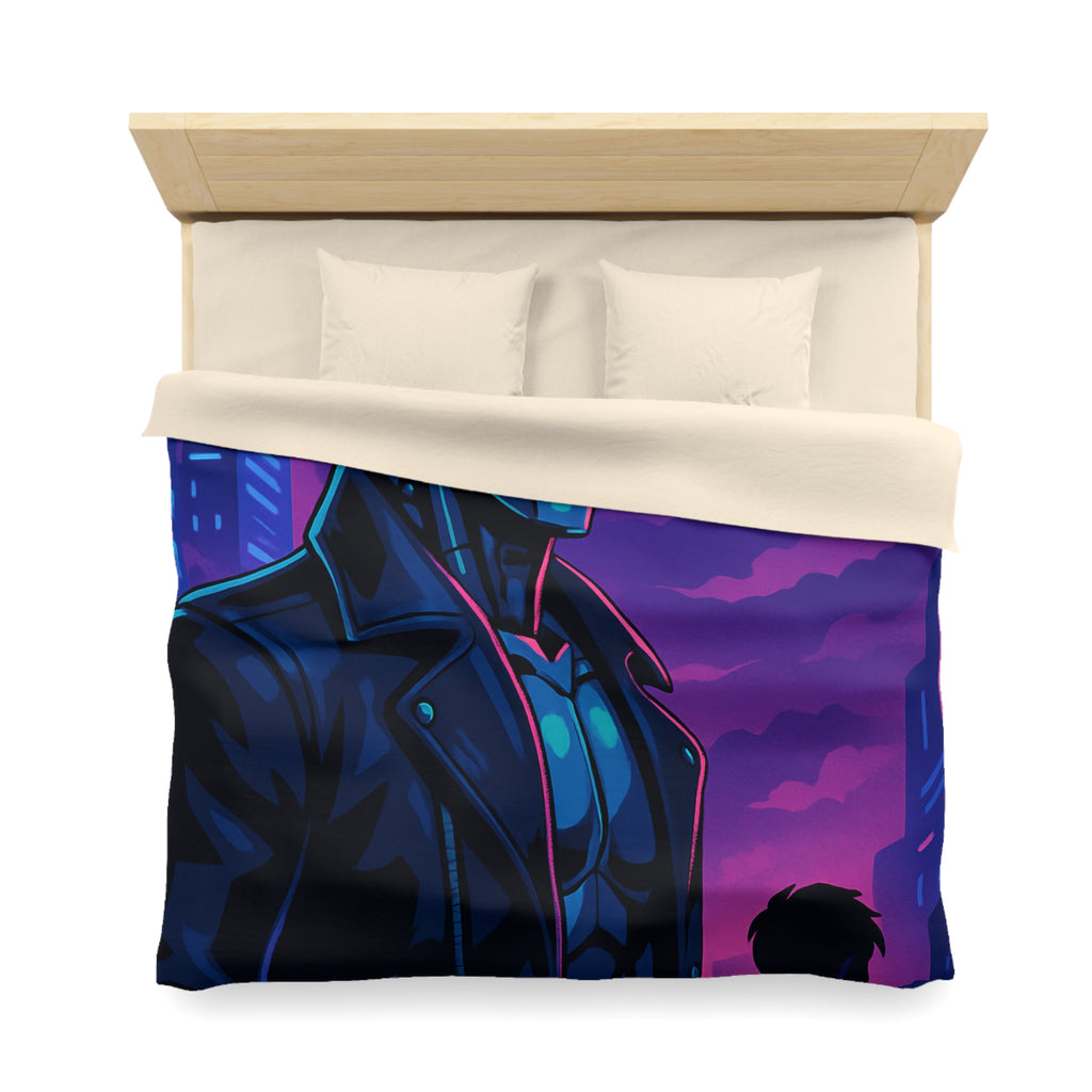 Housse de couette style néon avec robot futuriste et drones en ville de nuit