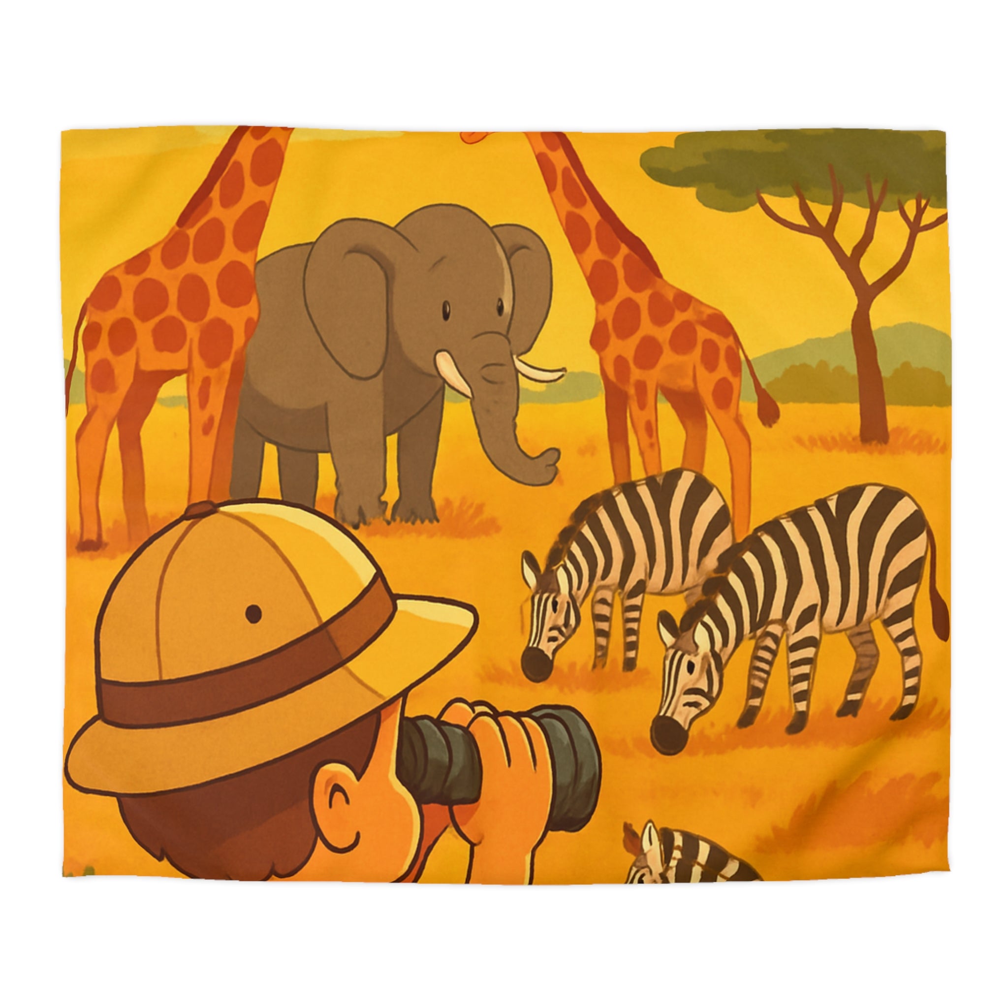 Housse de couette safari enfant avec éléphant, girafes et zèbres dans savane ensoleillée