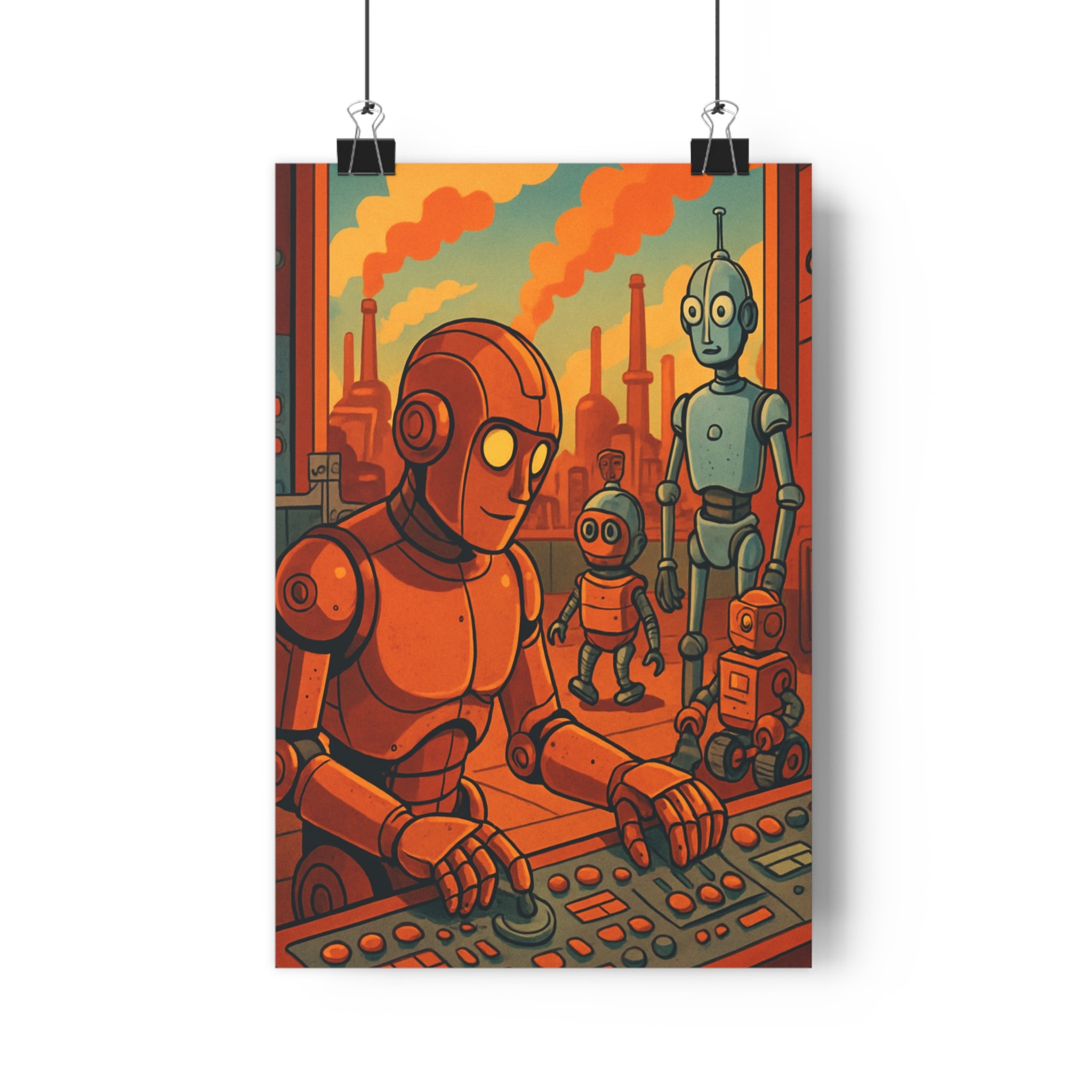 Poster décoratif cartoon industriel orange bleu robots moderne chambre salon enfants unique tendance vibrant