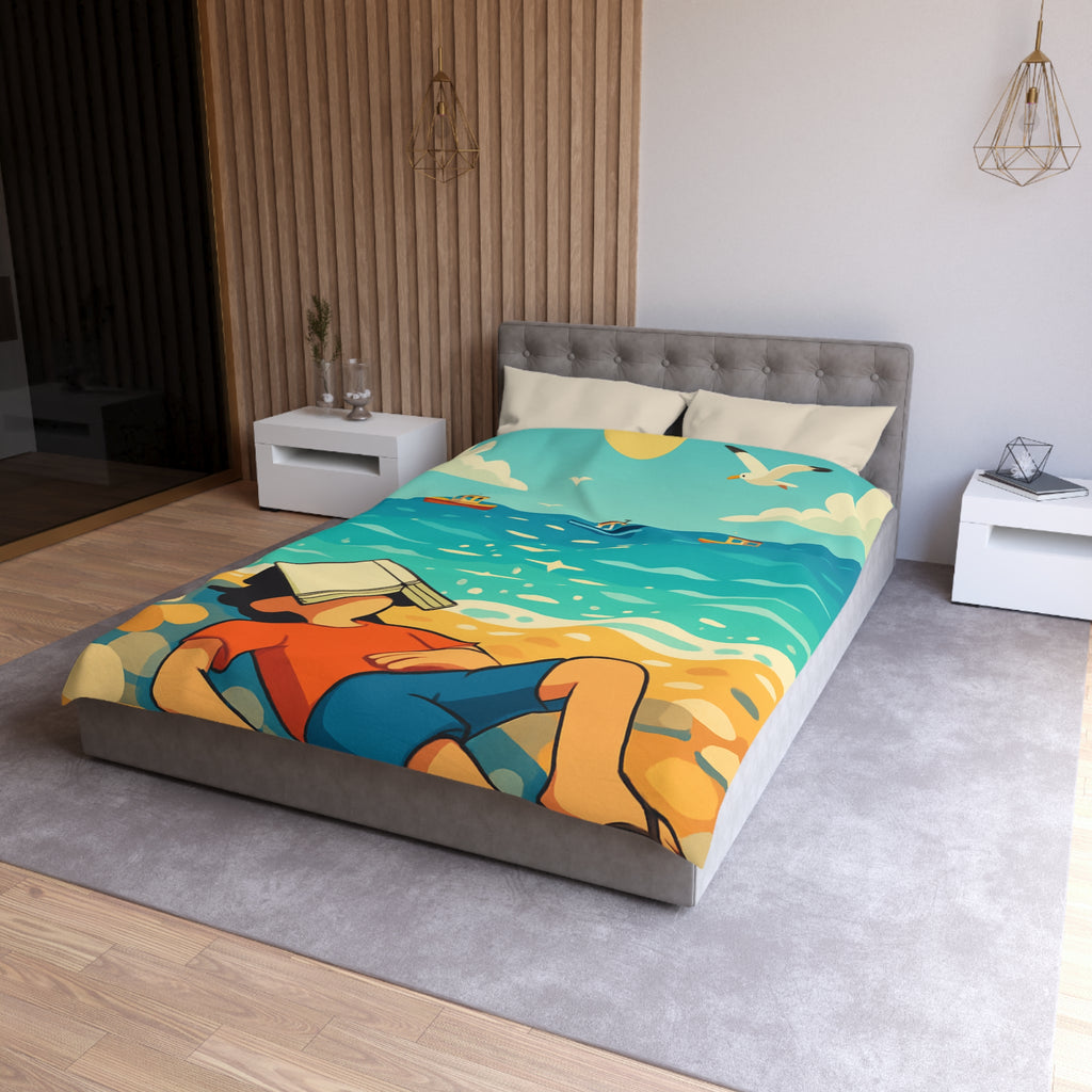 Housse de couette plage relaxante avec enfant, livre et mouettes en été ensoleillé