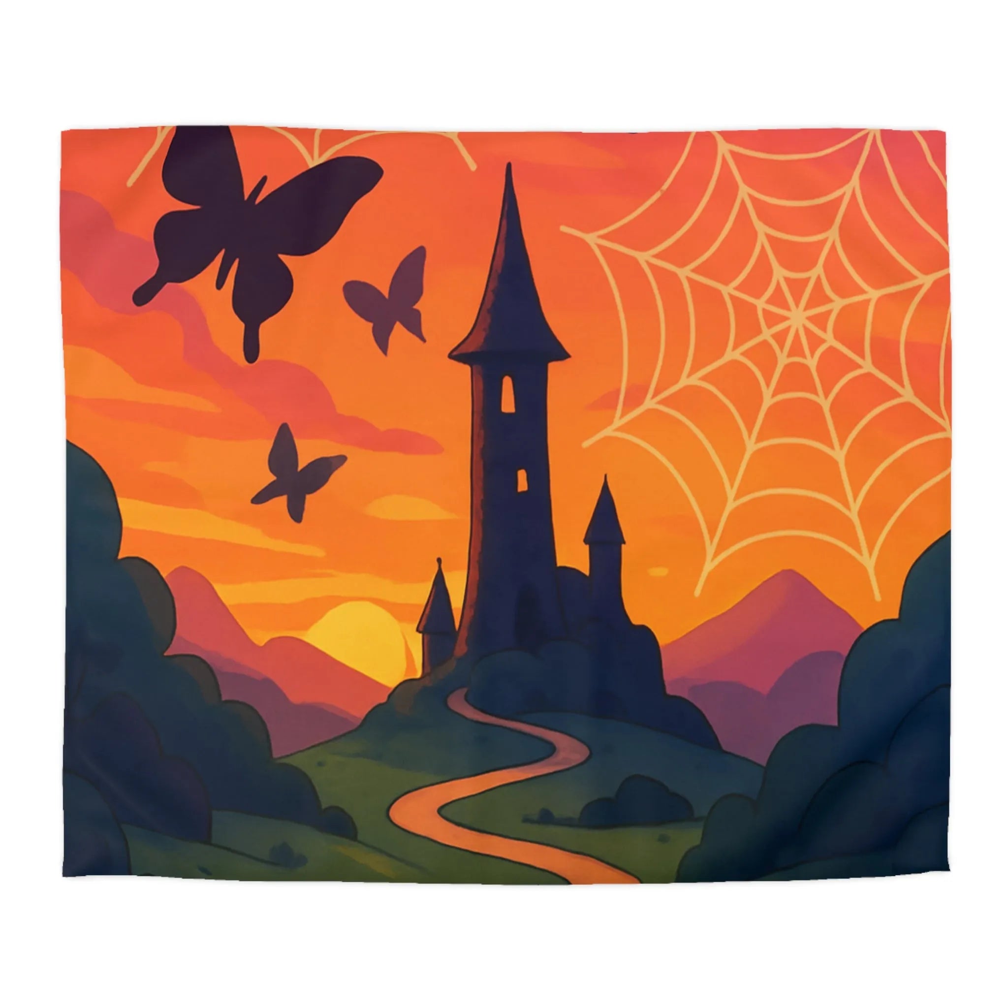 Housse de couette avec tour enchantée, papillons et toiles d'araignée au crépuscule