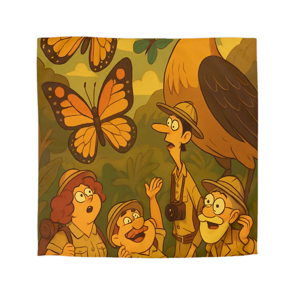 Housse de couette avec scène aventure jungle, explorateurs et faune tropicale colorée