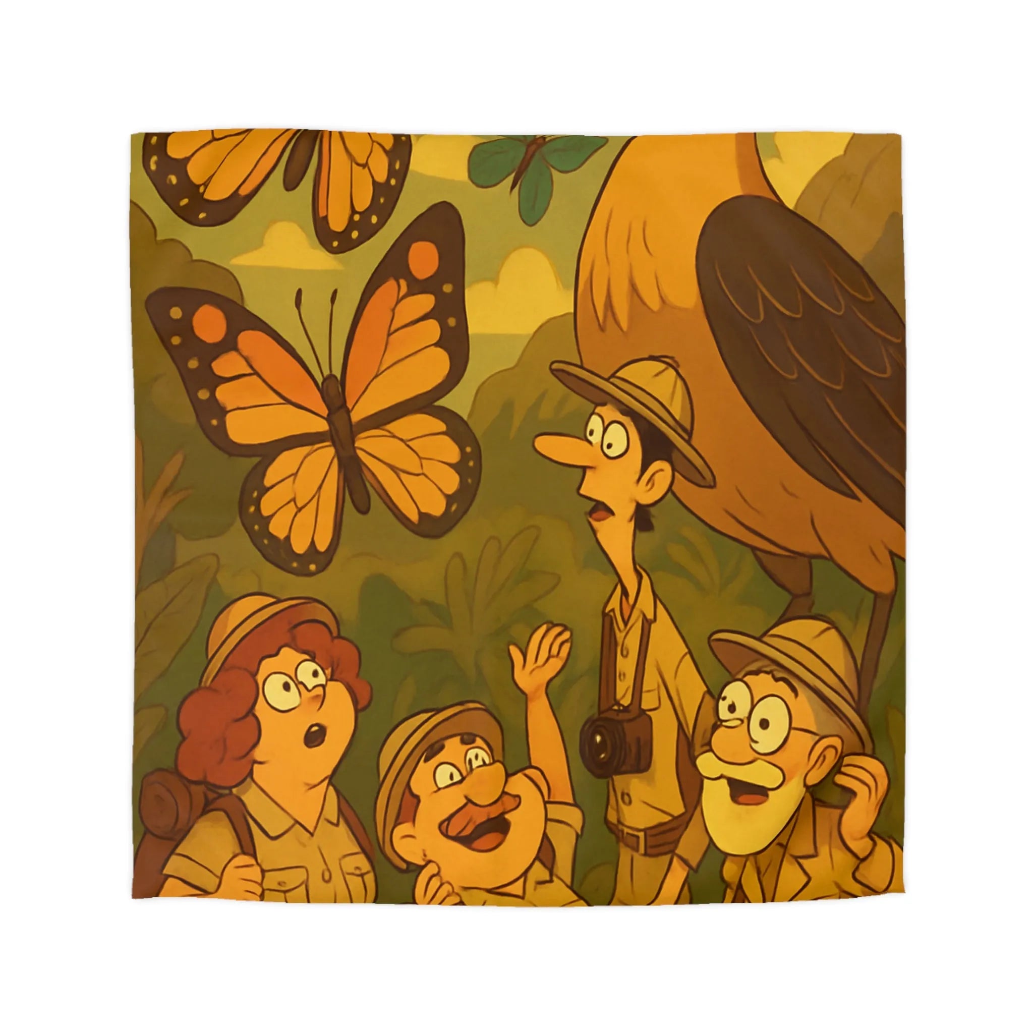 Housse de couette avec scène aventure jungle, explorateurs et faune tropicale colorée