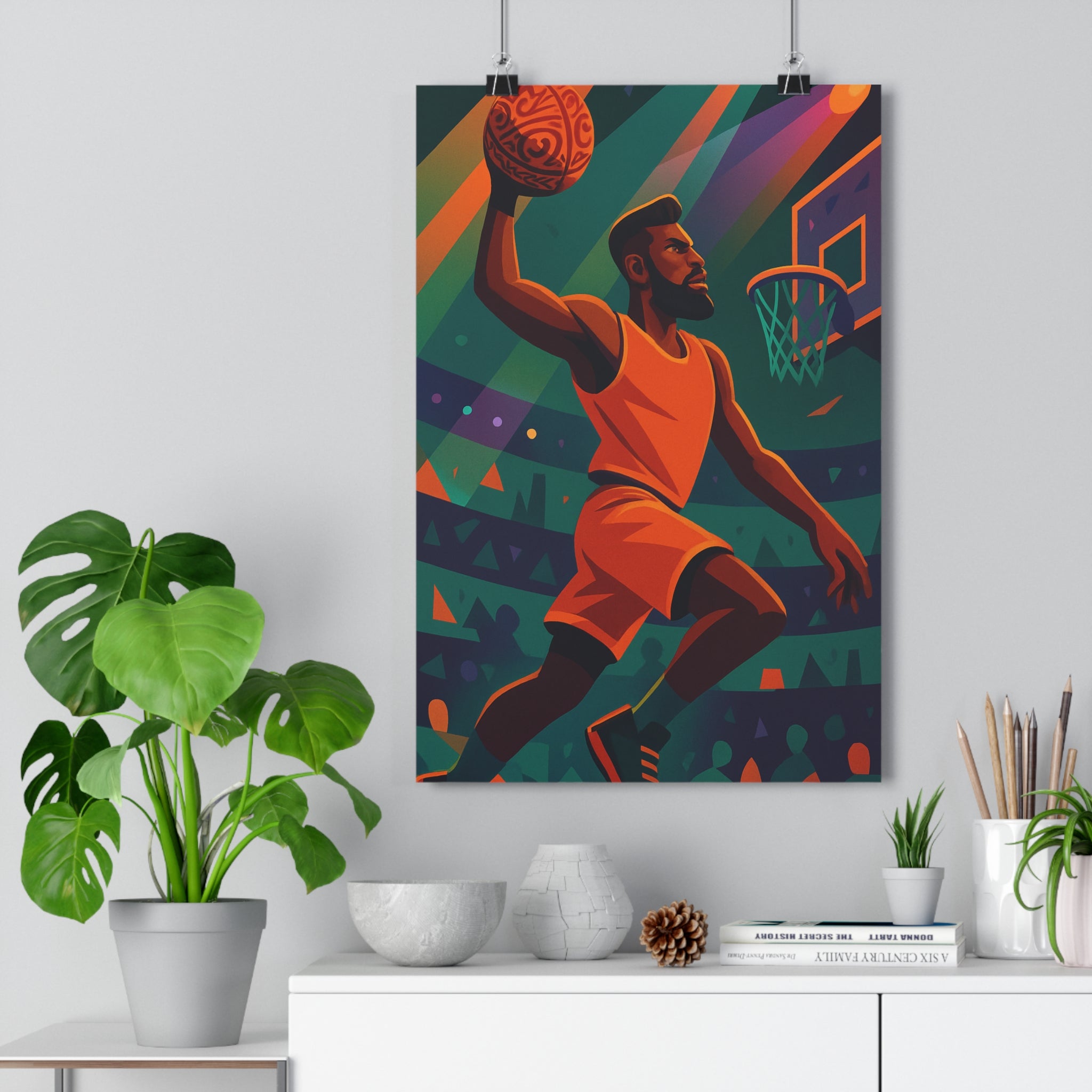 Poster décoratif dynamique orange vert abstrait sportif basket chambre ambiance énergétique vibrant unique qualité