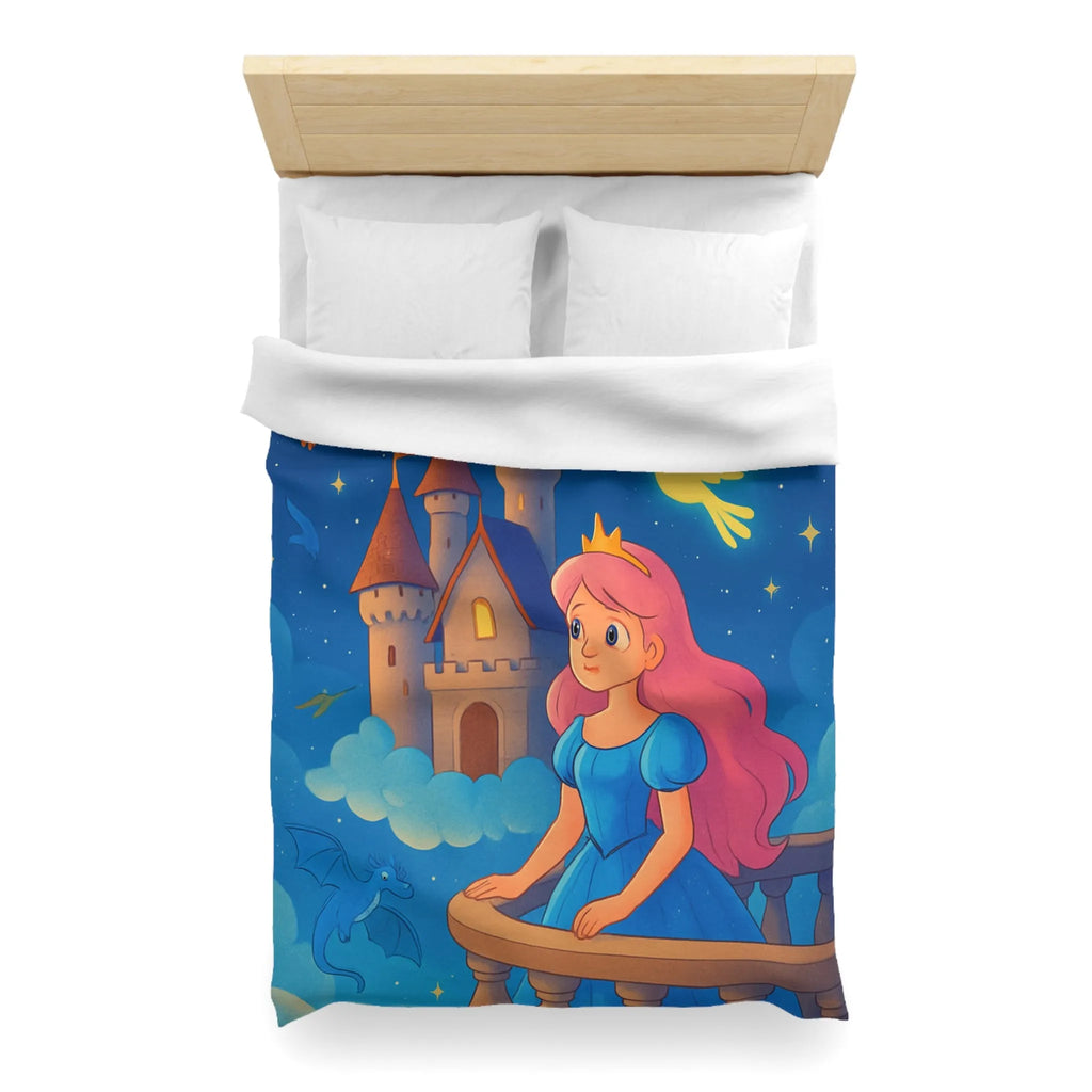 Housse de Couette Enfant Représentant Princesse et Dragons dans un Ciel Nocturne Magique
