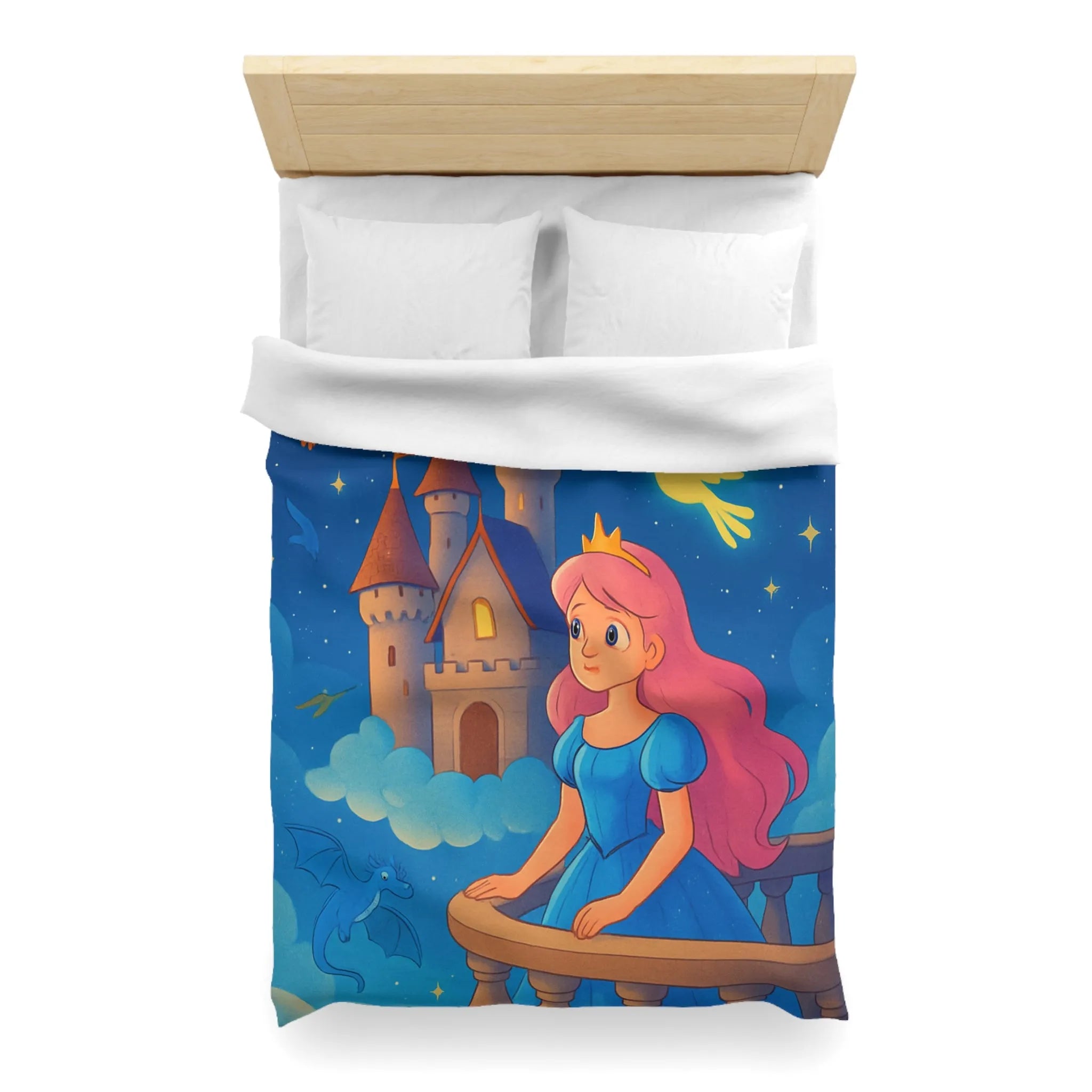 Housse de Couette Enfant Représentant Princesse et Dragons dans un Ciel Nocturne Magique