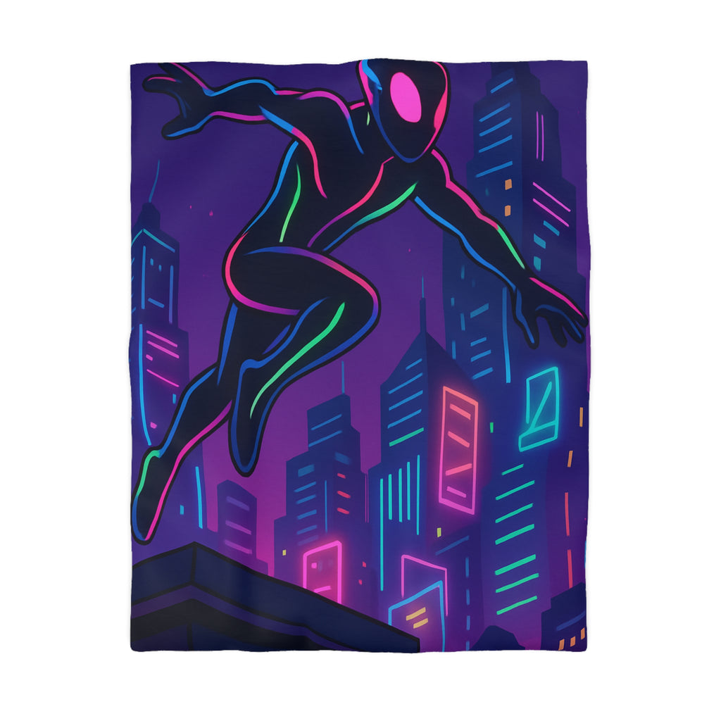 Housse de couette néon urbain avec silhouette héroïque sautant devant gratte-ciel lumineux