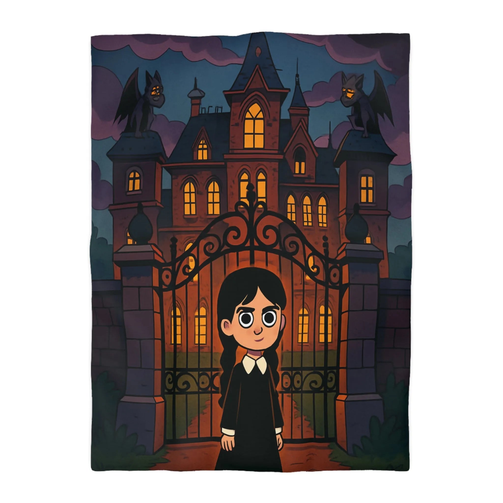 Housse de couette gothique avec manoir hanté, gargouilles et personnage mystérieux debout