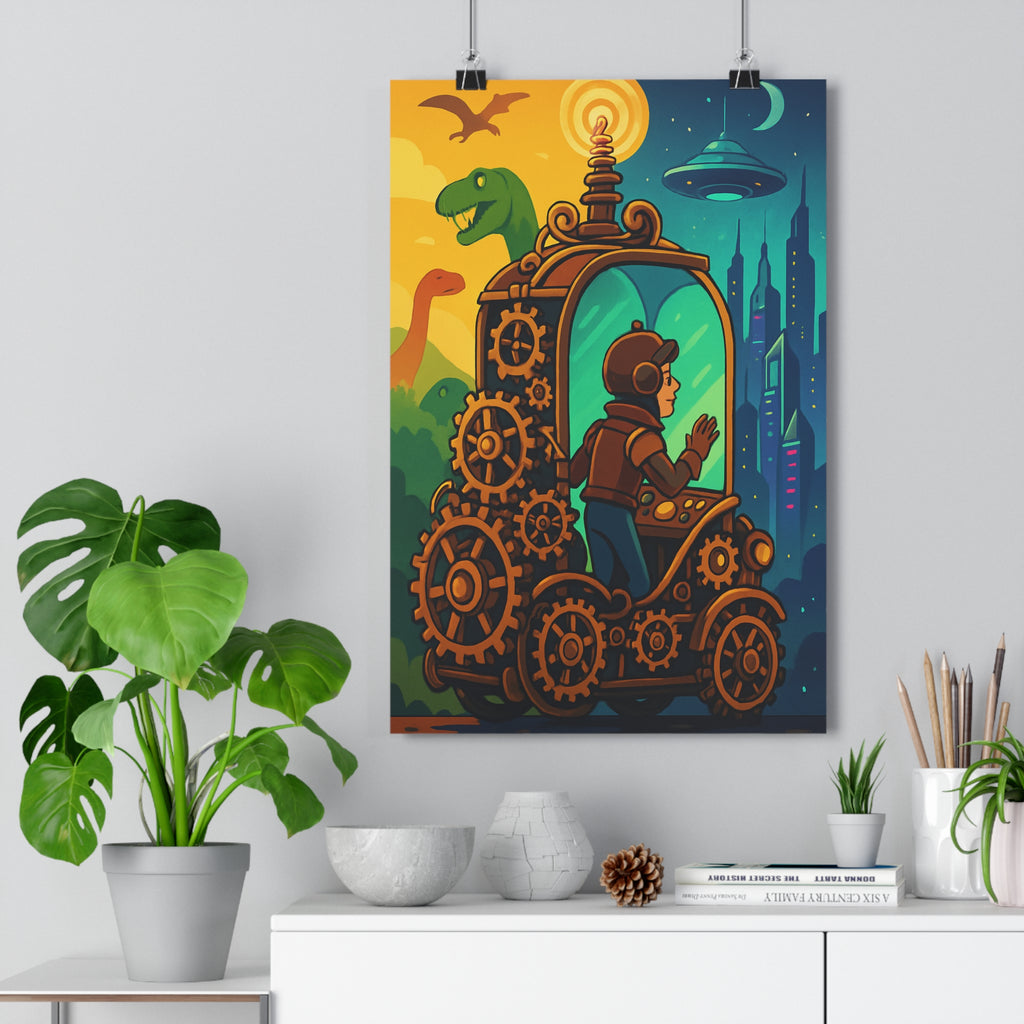 Poster décoratif rétro steampunk jaune futuriste aventure salon chambre vibrant captivant élégant urbain unique