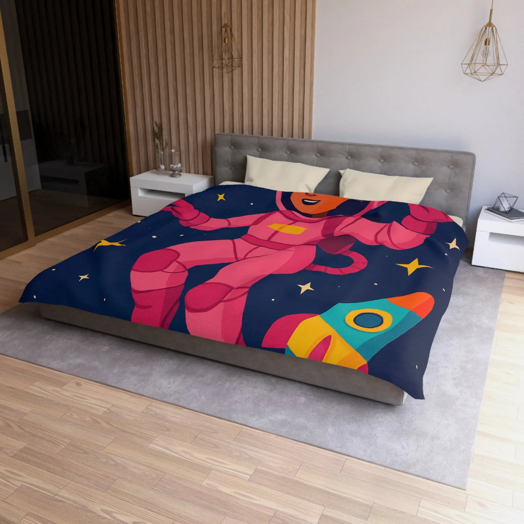 Housse de couette enfant avec astronaute rose et planètes colorées en fond spatial